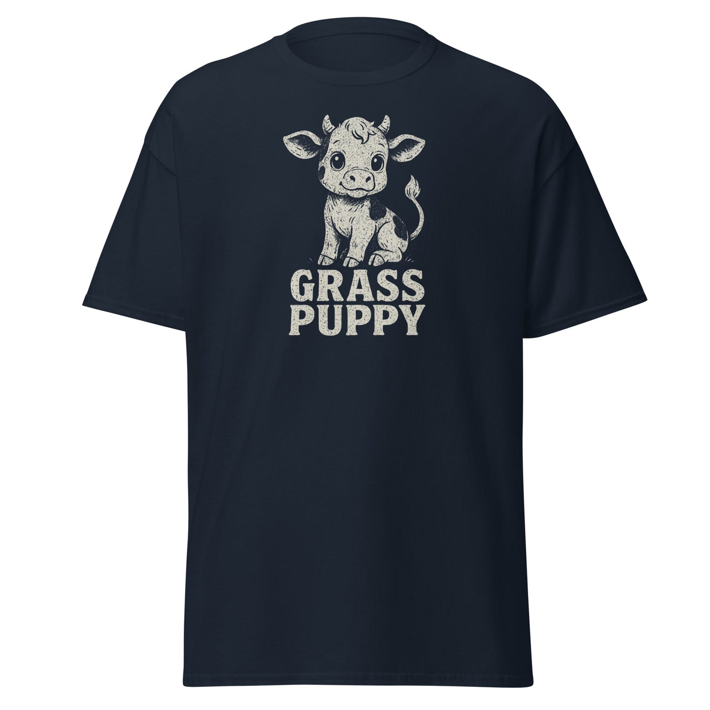 Navy blue t-shirt with a cow graphic and 'Grass Puppy' text on a white background