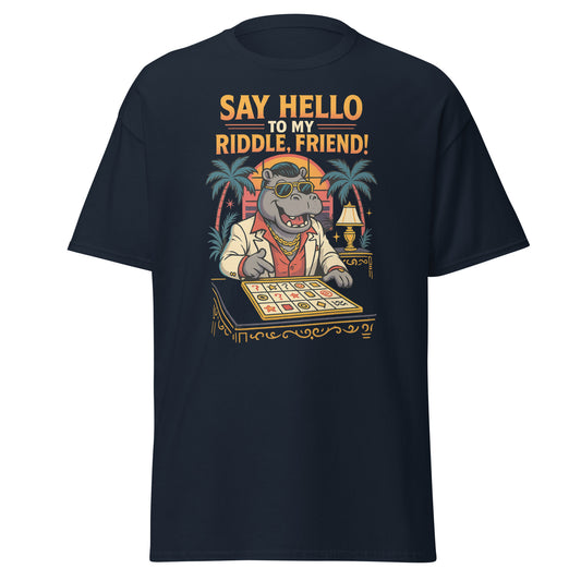 navy blue shirt with hippo playing a game and text "Say hello to my riddle, friend!"