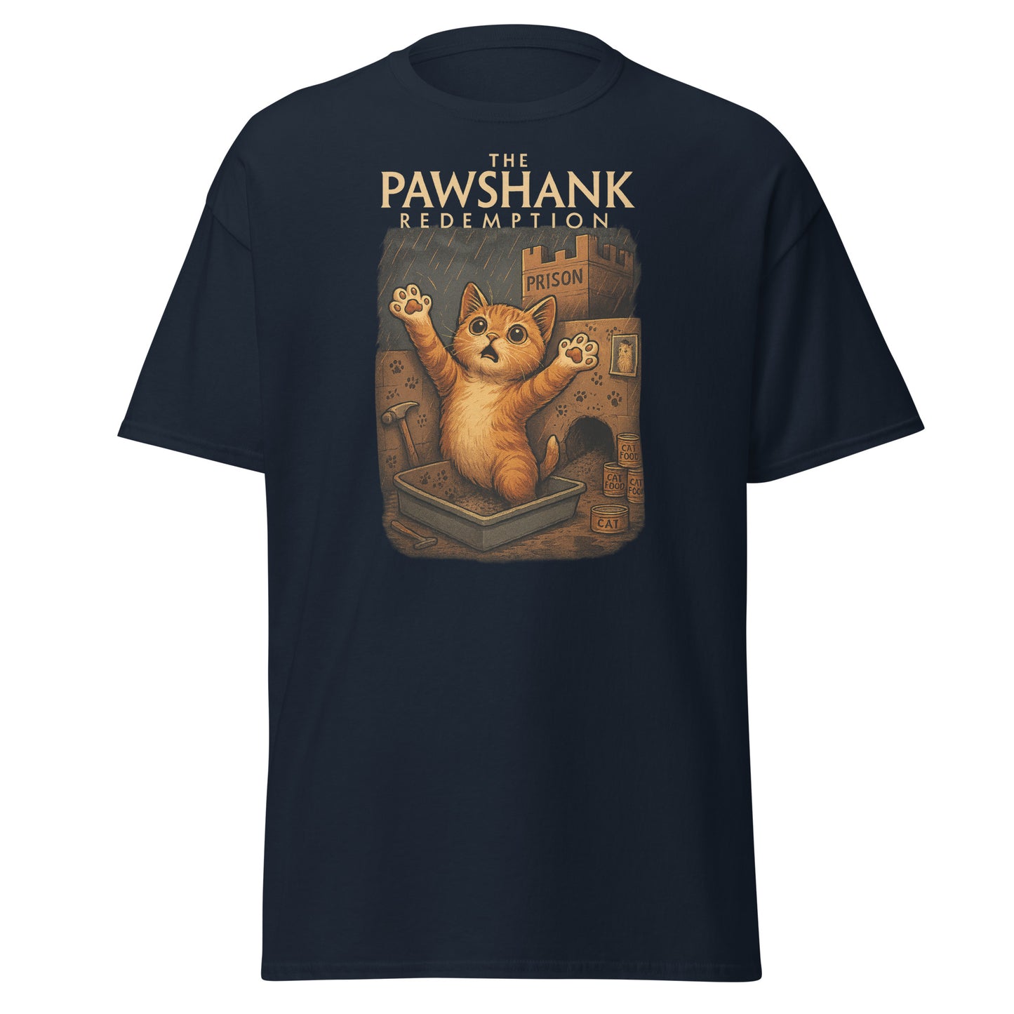 navy blue shirt with cat in front of a prison and text "the pawshank redemption" on white background