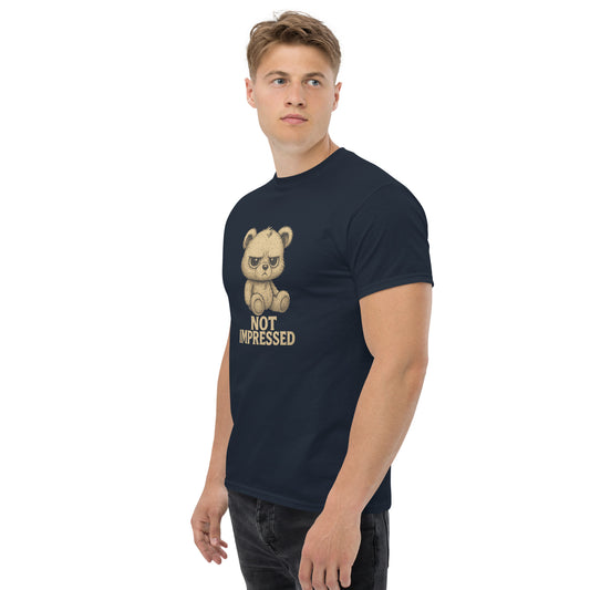 Man wearing a navy blue t-shirt with a bear graphic and text on a white background