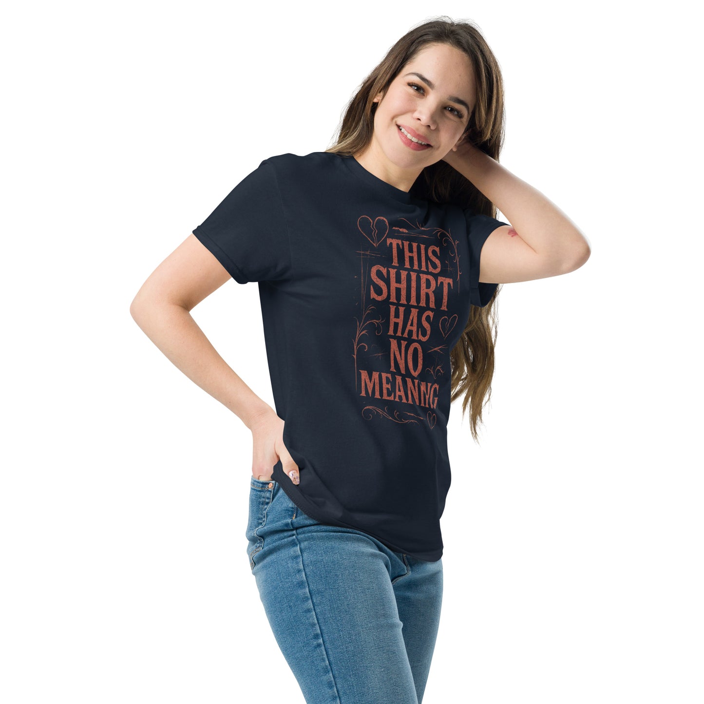 Woman wearing a navy blue t-shirt with text, standing against a white background