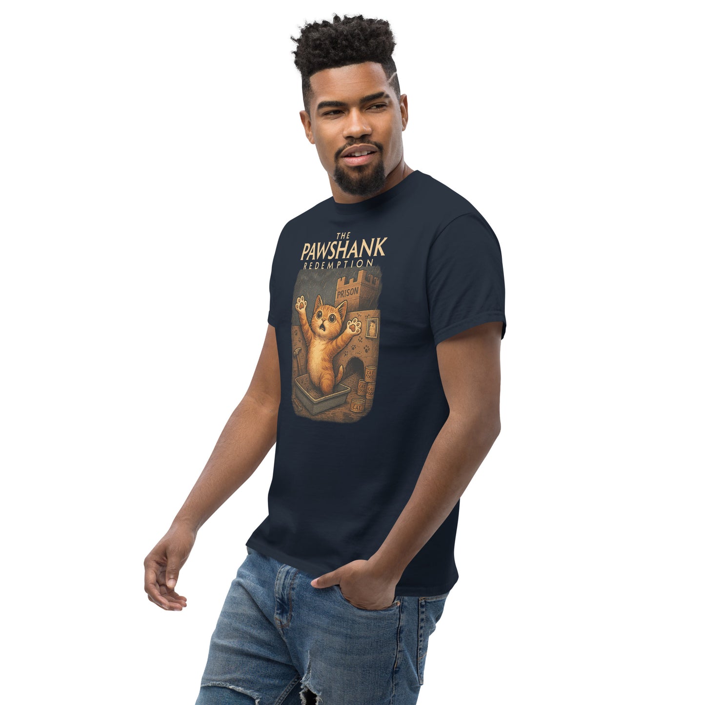 man wearing navy blue shirt with cat in front of a prison and text "the pawshank redemption" on white background