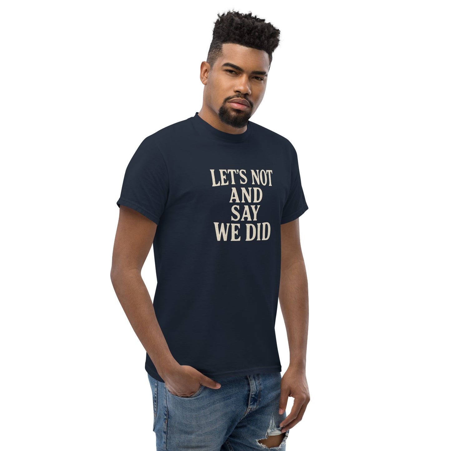 Man wearing a navy blue t-shirt with text on a white background