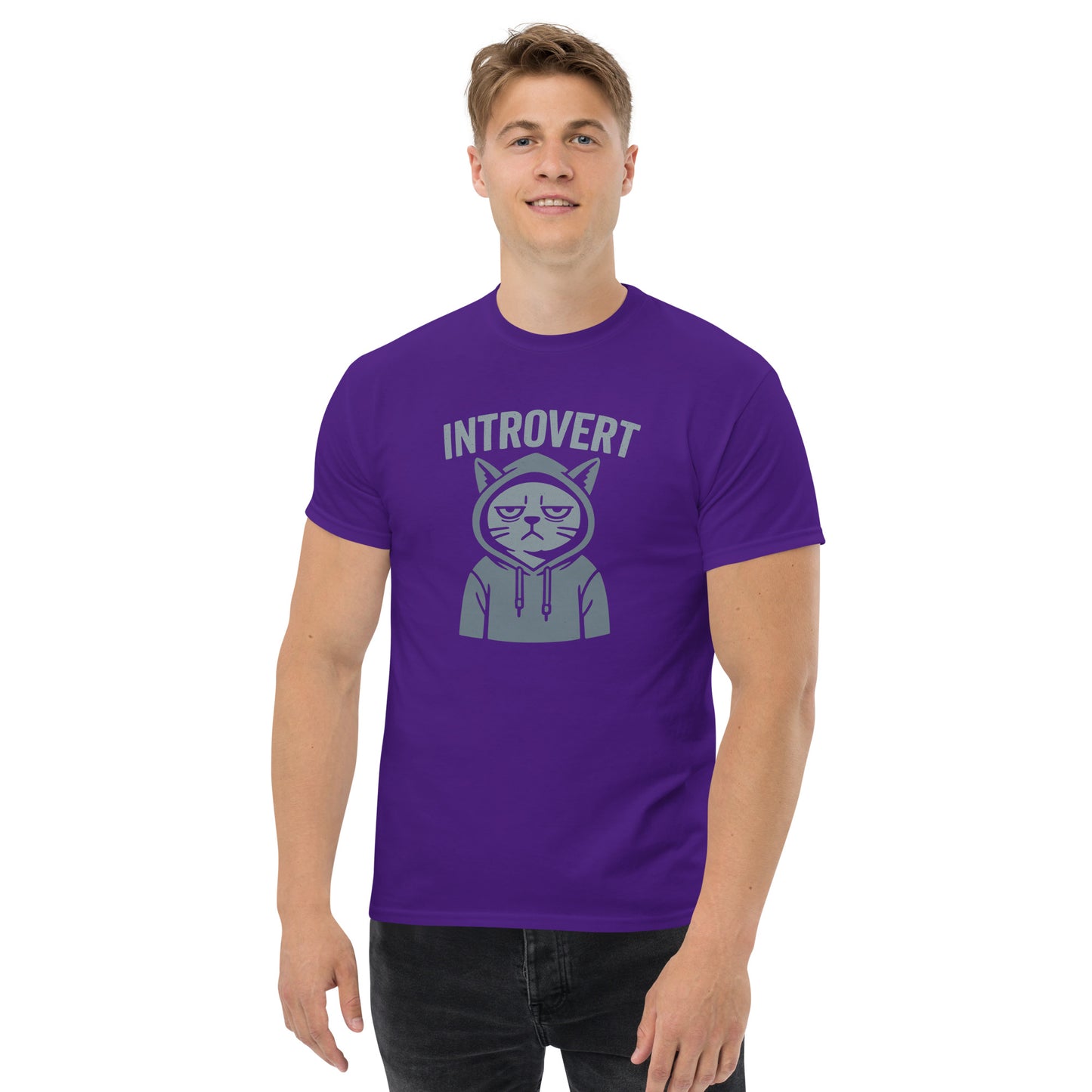 Person wearing a purple t-shirt with 'Introvert' graphic design on a white background