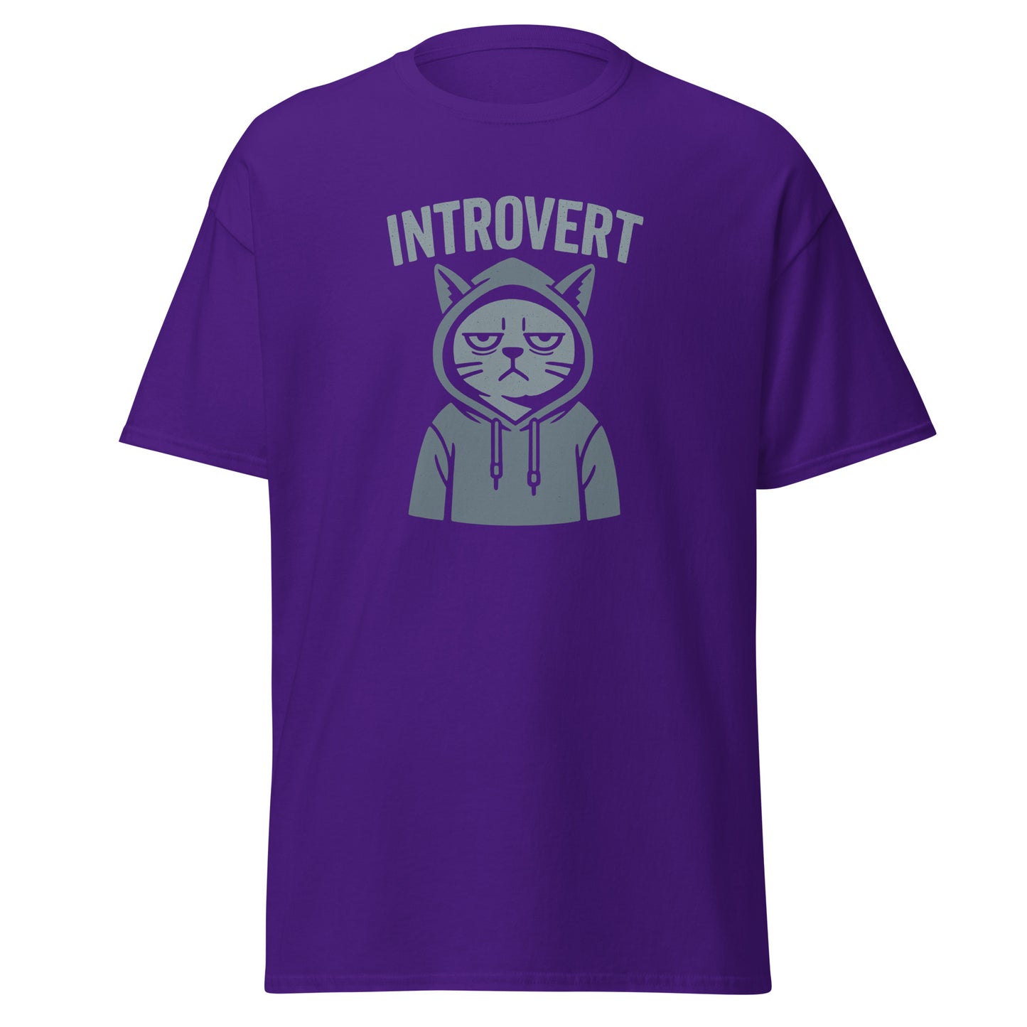 Purple t-shirt with an illustration of a cat wearing a hoodie and the word 'Introvert' on a white background.