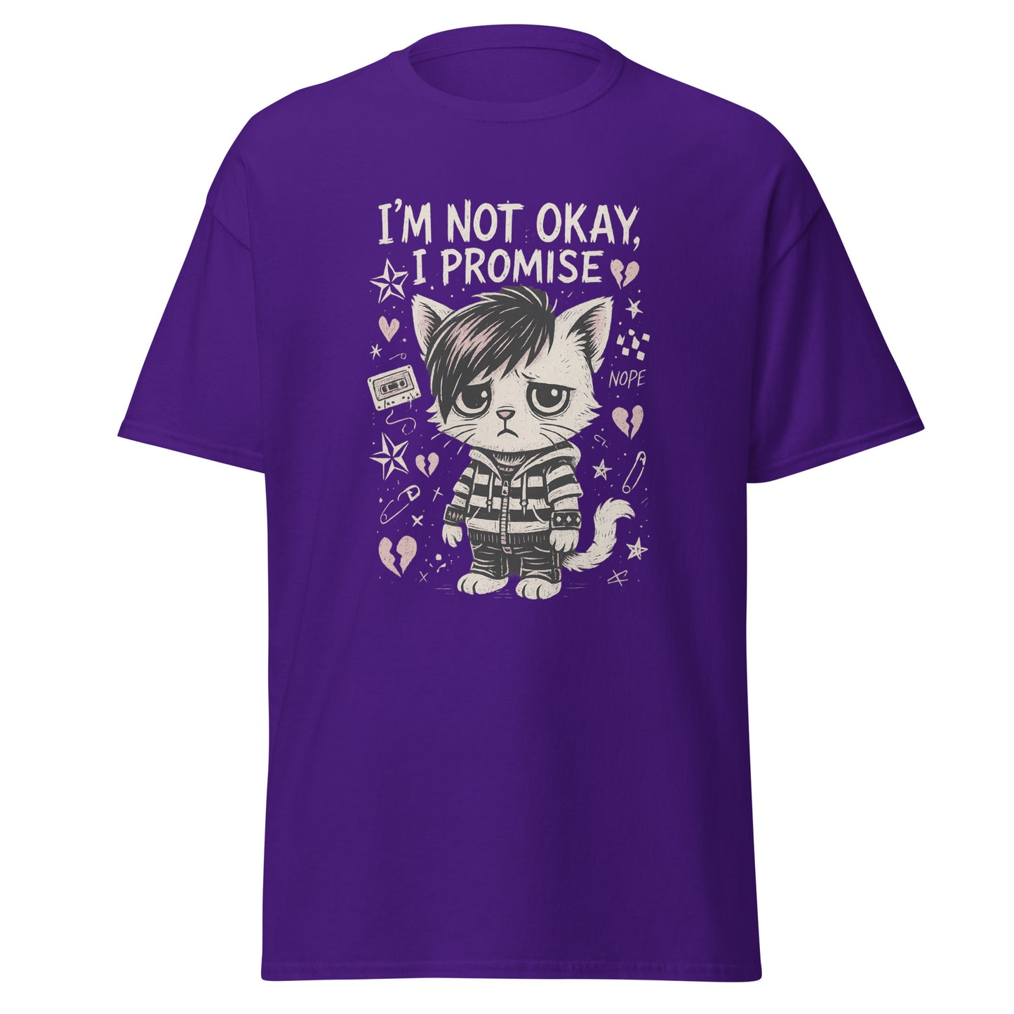 Purple t-shirt with a graphic of a cat and text 'I'm not okay, I promise' on a white background