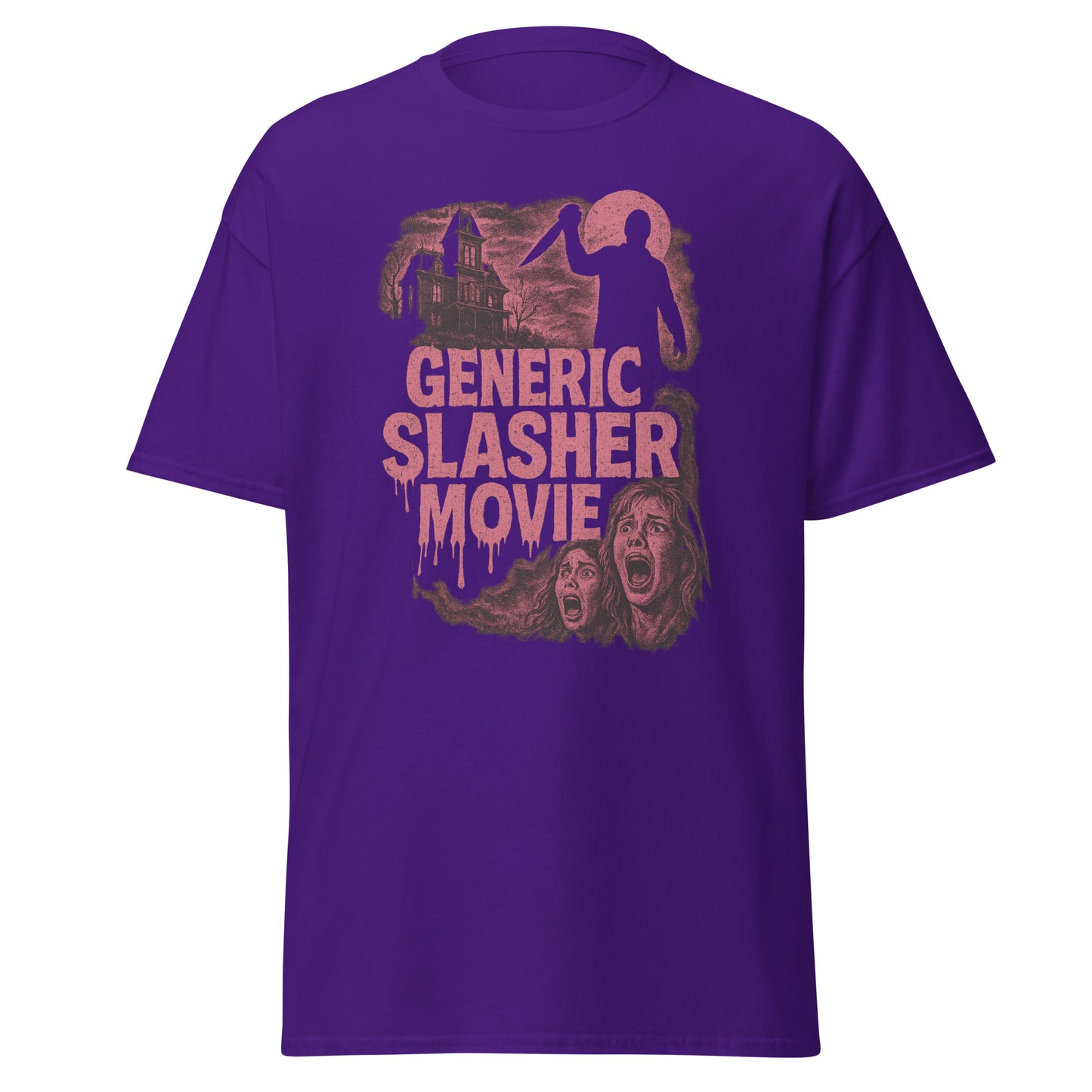 Purple t-shirt with 'Generic Slasher Movie' graphic design on a white background