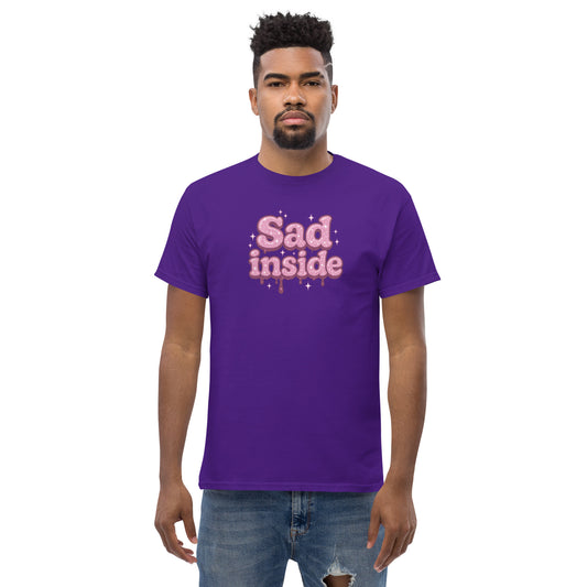 Man wearing a purple t-shirt with 'Sad inside' text on a white background