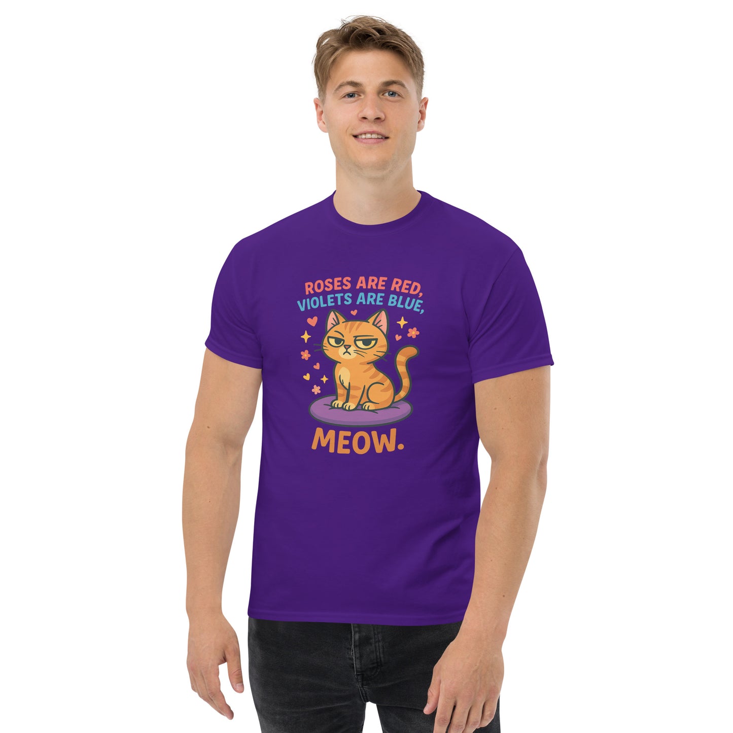 Person wearing a purple t-shirt with a cat graphic and text on a white background