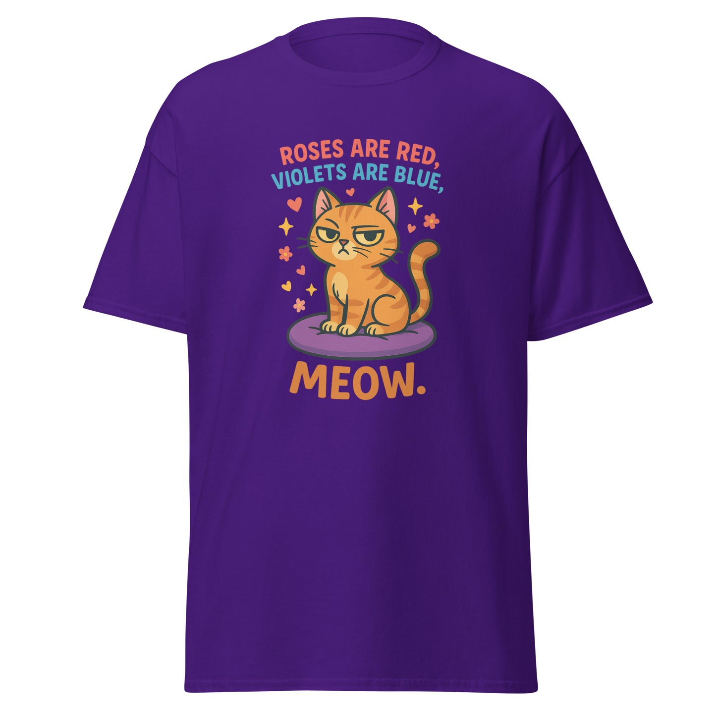 Purple t-shirt with a cat graphic and text on a white background
