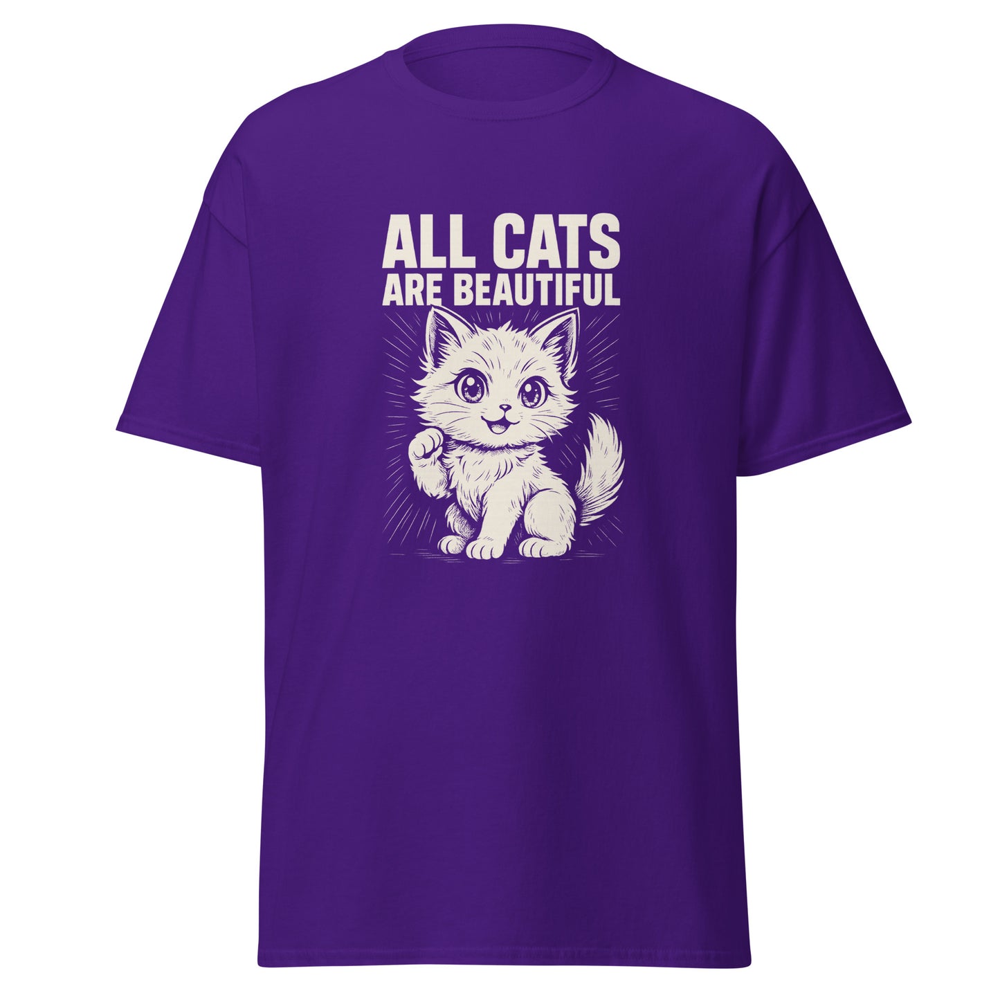 Purple t-shirt with a graphic of a cat and text 'All Cats Are Beautiful' on a white background