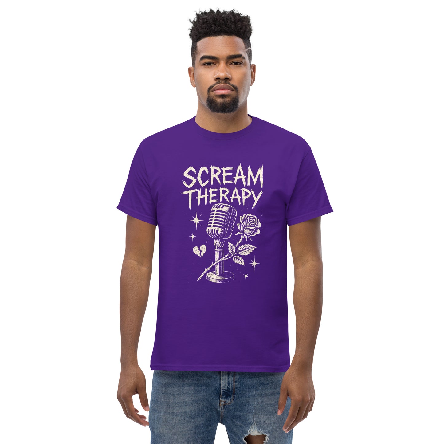 Man wearing a purple t-shirt with 'Scream Therapy' design on a white background