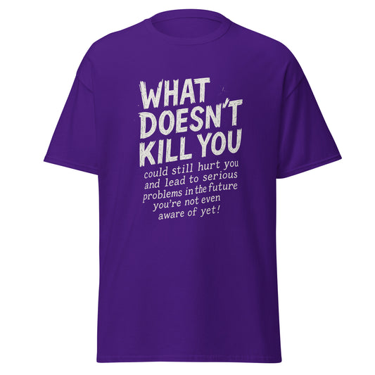 Purple t-shirt with white text on a white background