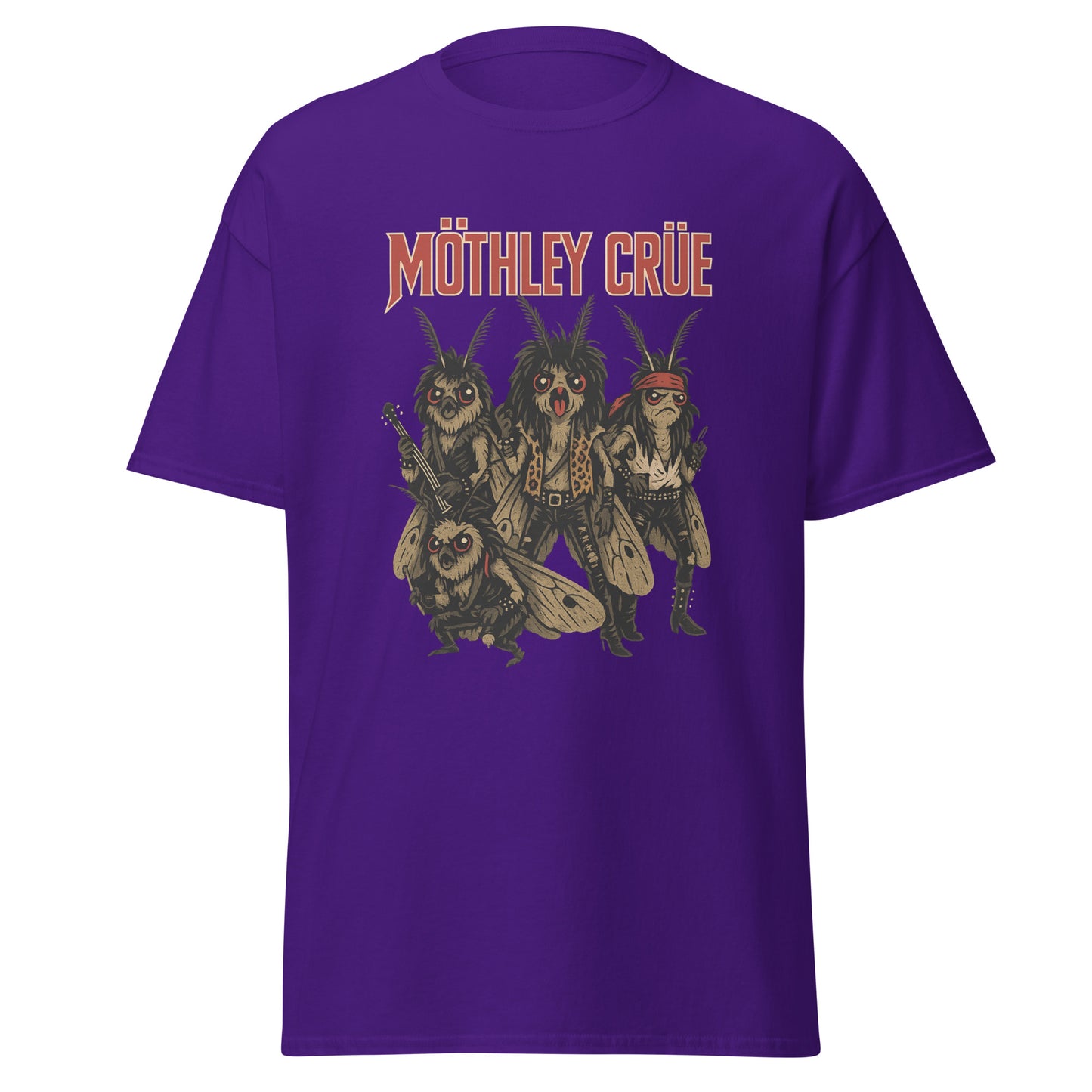purple Unisex Mothley Crüe t-shirt with chaotic rock parody design, front view