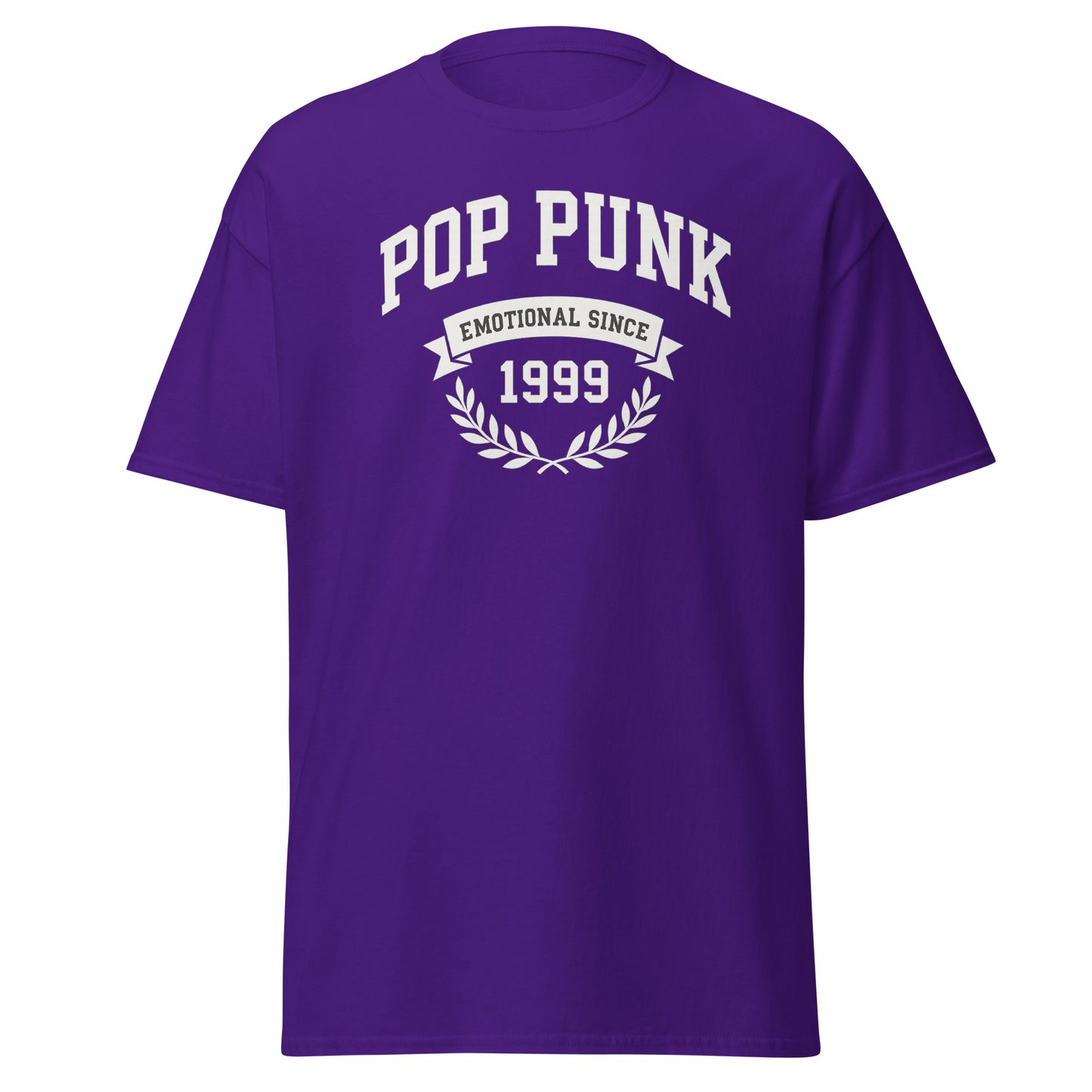 Purple t-shirt with 'Pop Punk Emotional Since 1999' text on a white background