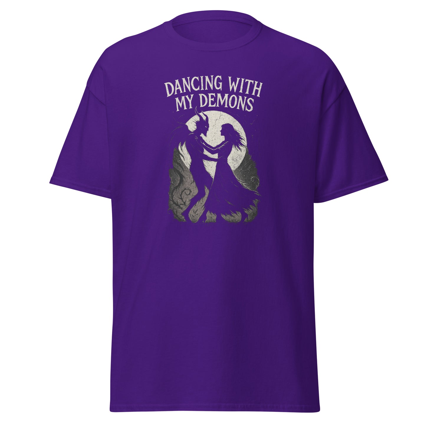 Purple t-shirt with 'Dancing with My Demons' graphic and text on a white background