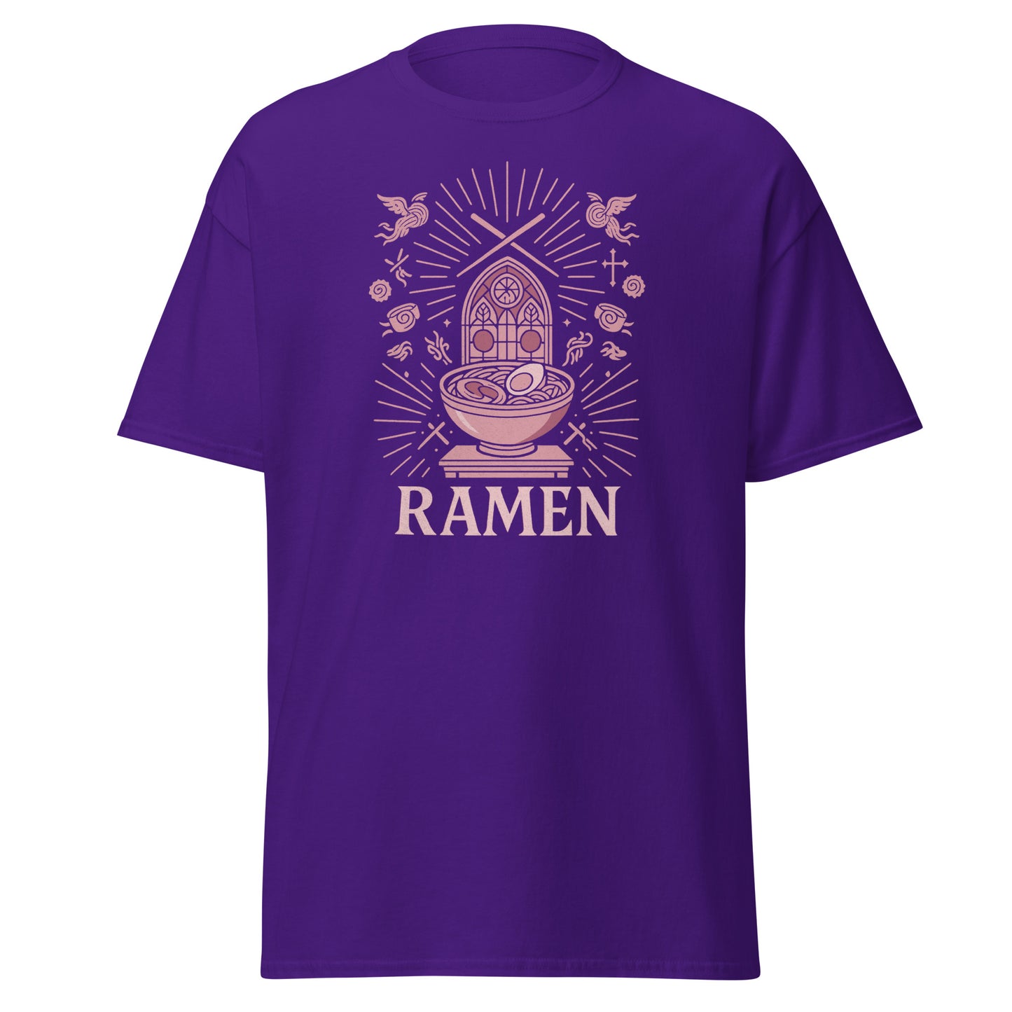 Purple t-shirt with a graphic of a bowl of ramen and the word 'RAMEN' on a white background