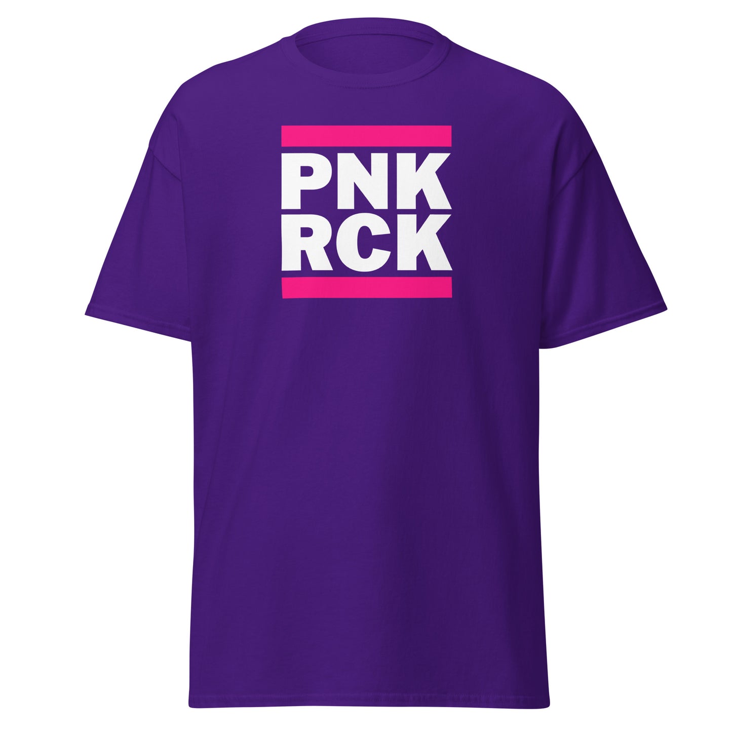 Purple t-shirt with 'PNK RCK' text in white and pink on a white background