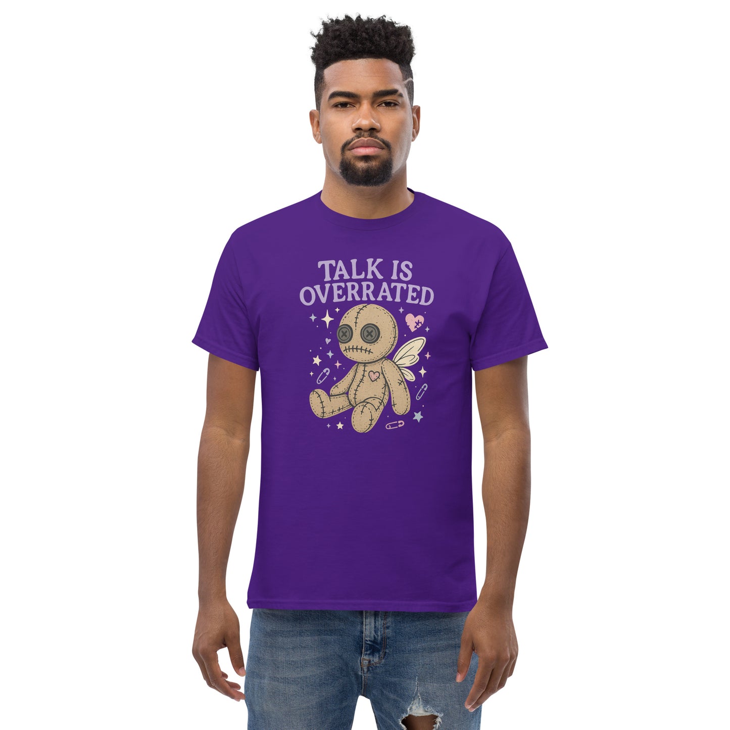Man wearing a purple t-shirt with a graphic design and text on a white background