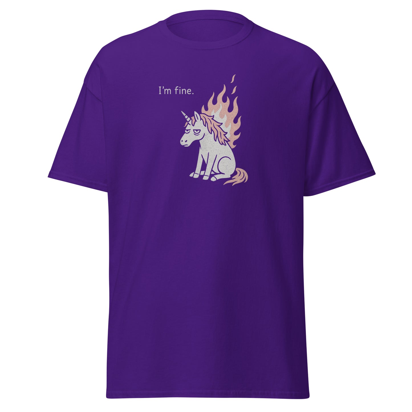 Purple t-shirt with a unicorn graphic and 'I'm fine.' text on a white background