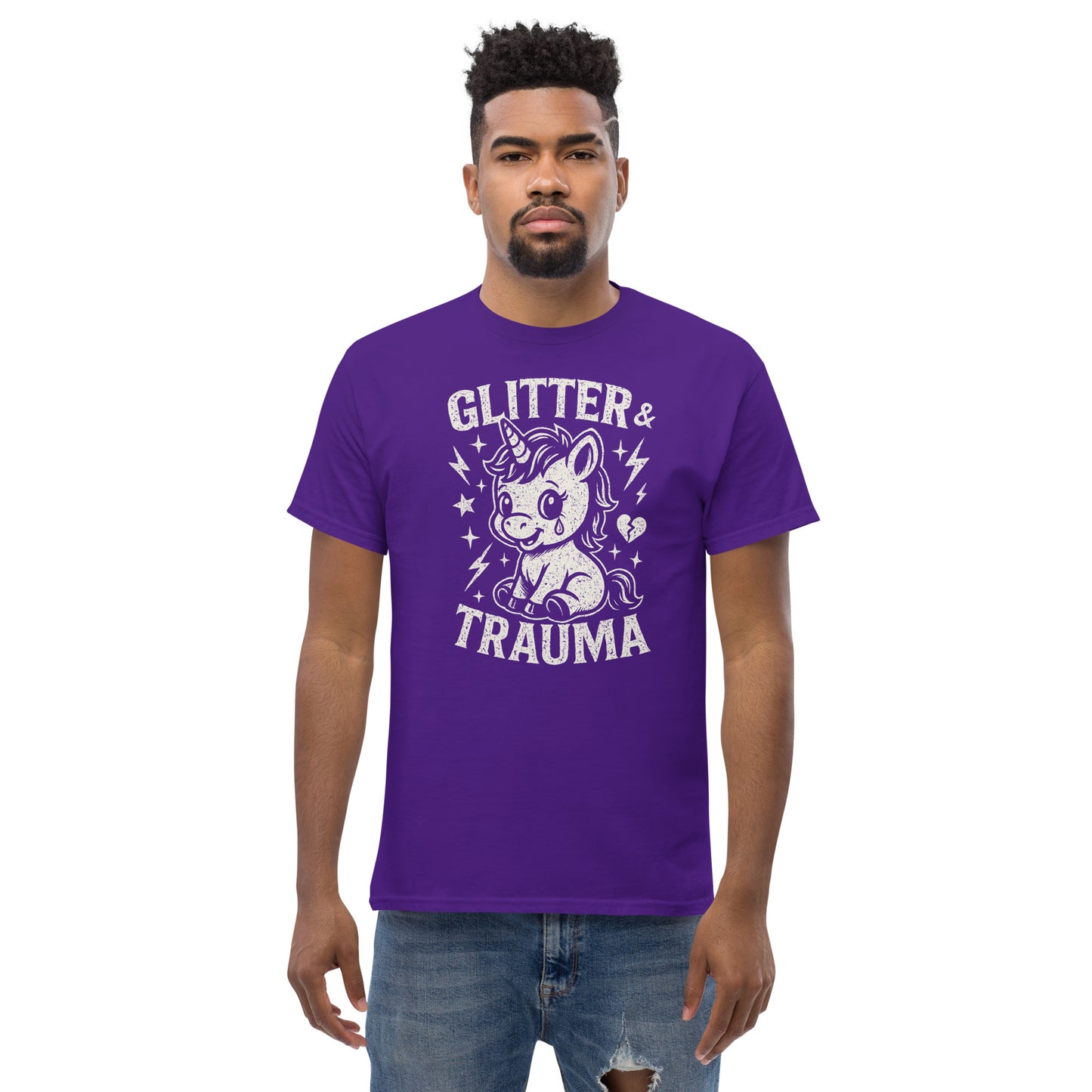 Man wearing a purple t-shirt with a graphic design and text on a white background