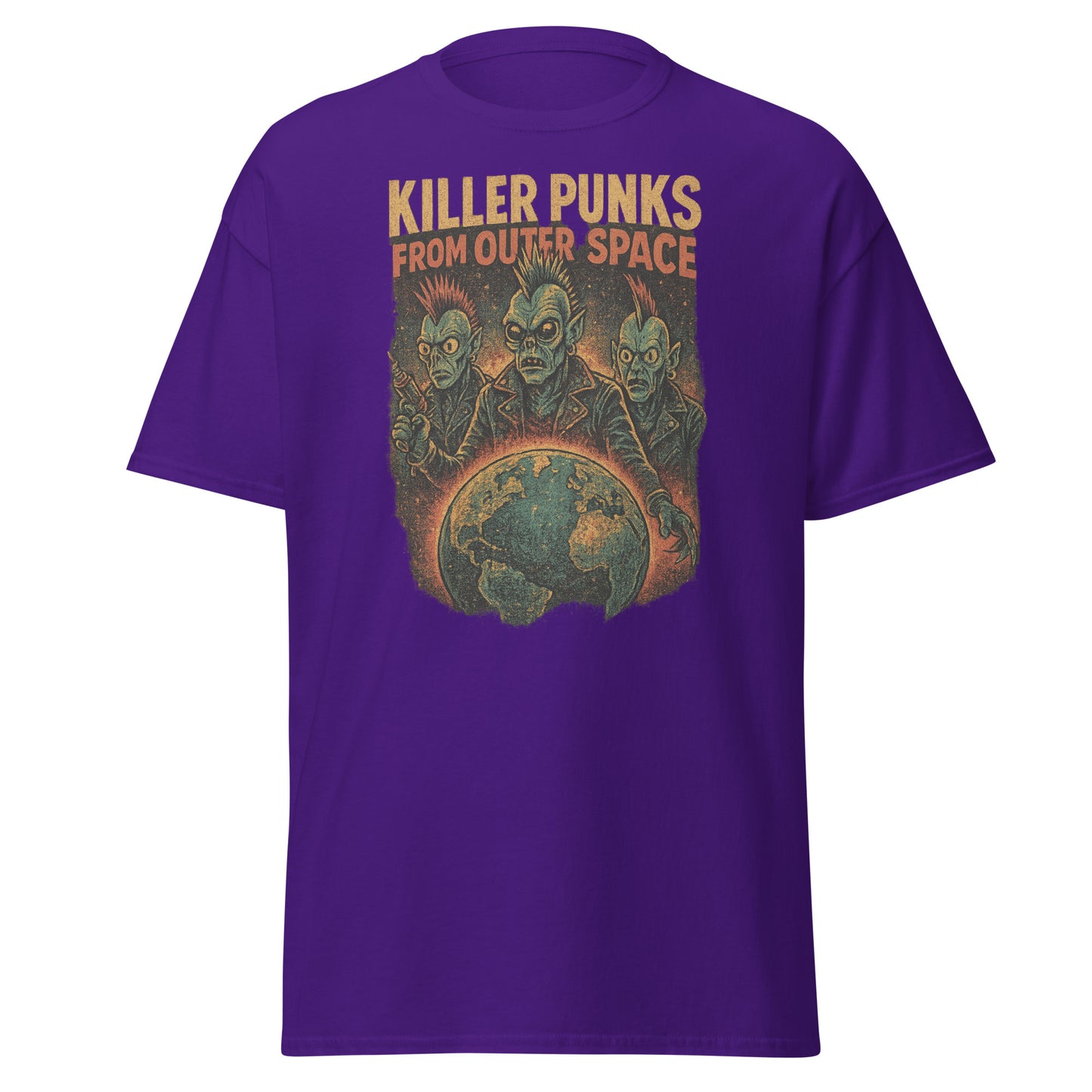 Purple t-shirt with alien graphic and text 'Killer Punks from Outer Space' on a white background