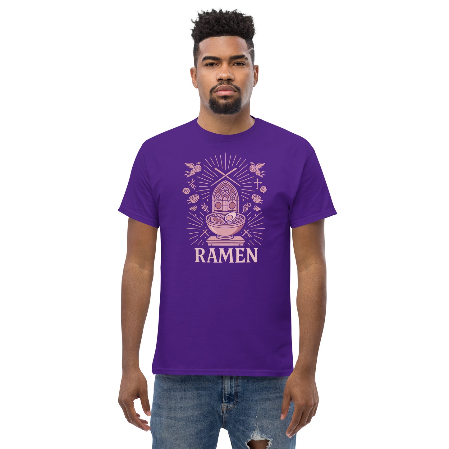 Man wearing a purple t-shirt with 'Ramen' design on a white background