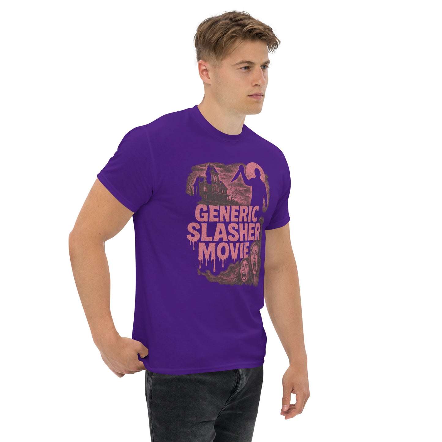 Man wearing a purple t-shirt with 'Generic Slasher Movie' graphic design on a white background