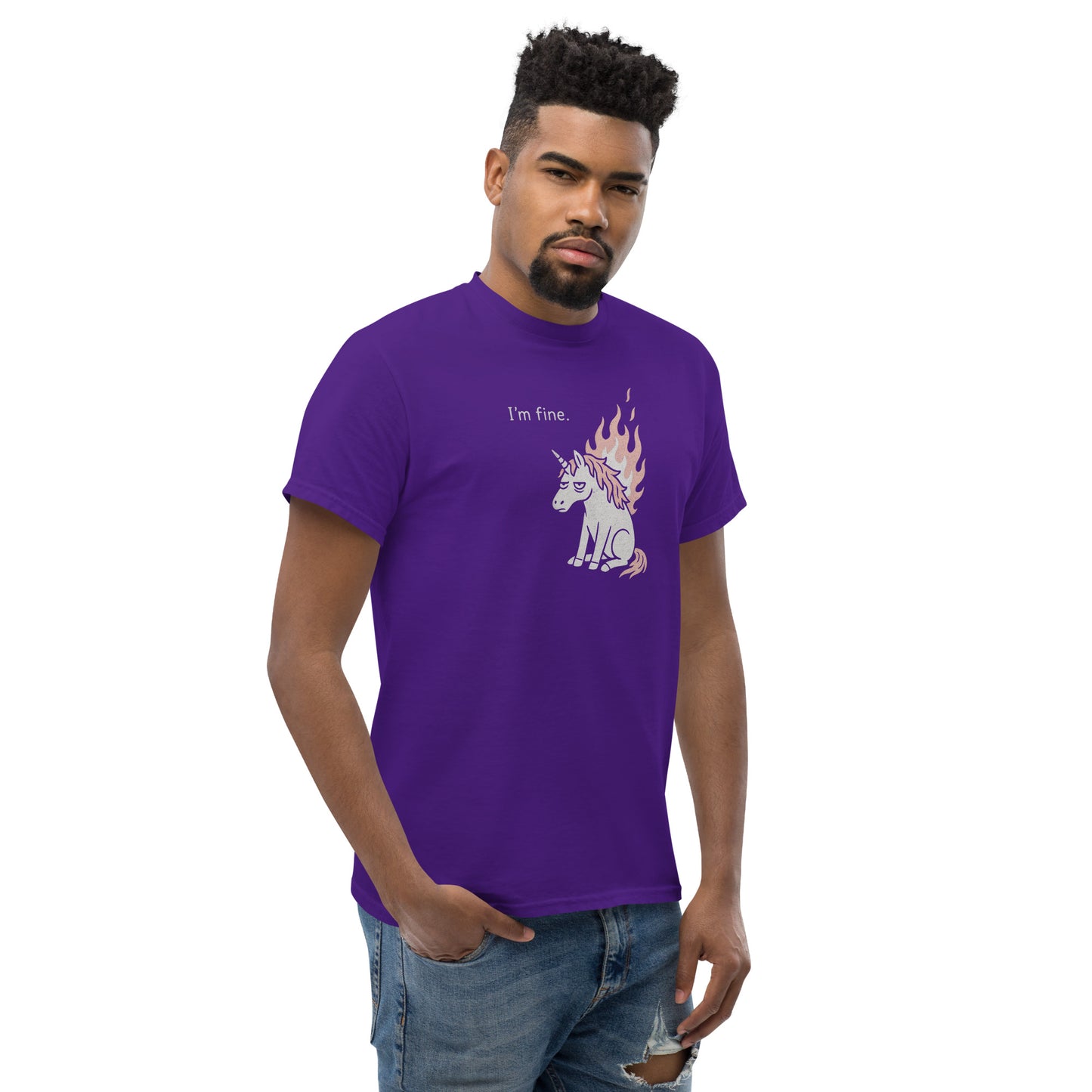 Man wearing a purple t-shirt with a unicorn graphic and text on a white background