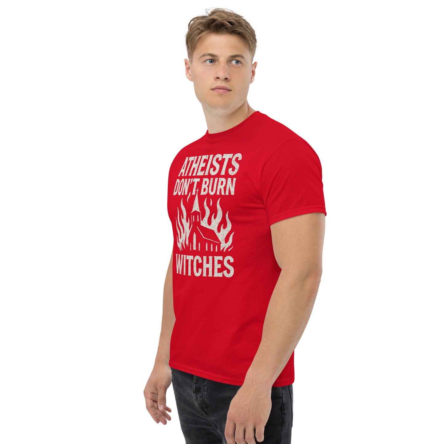 Person wearing a red t-shirt with white text and graphics on a white background