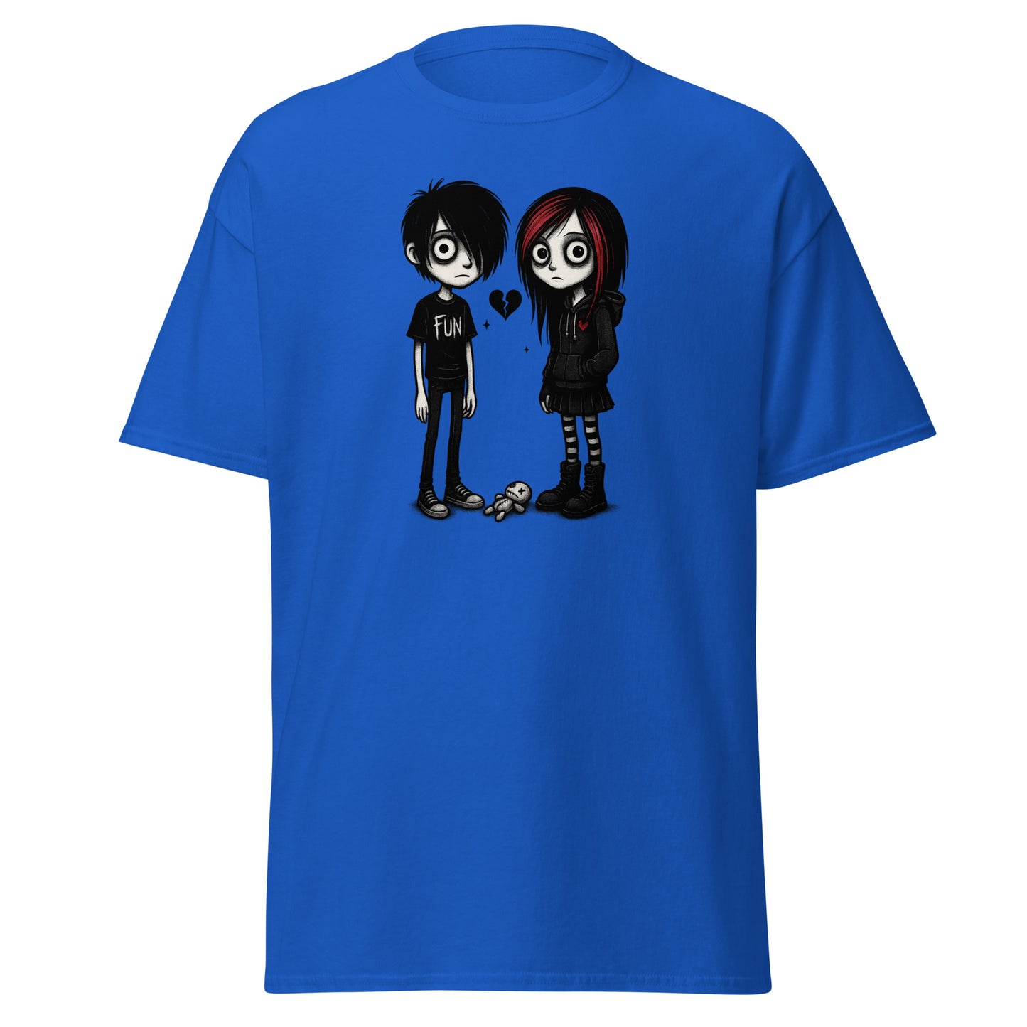 Blue t-shirt with cartoon characters and text on a white background