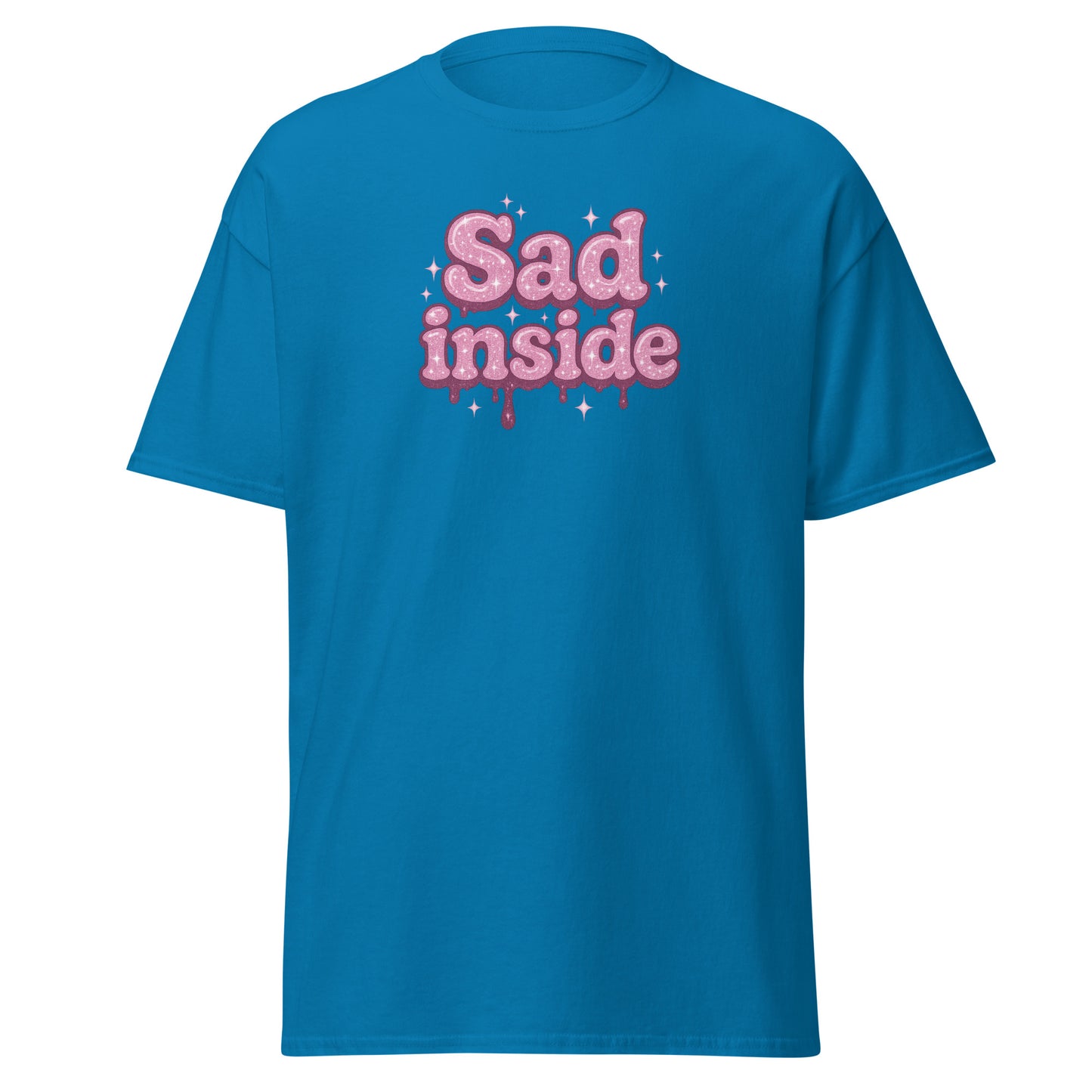Blue t-shirt with 'Sad inside' text in pink on a white background
