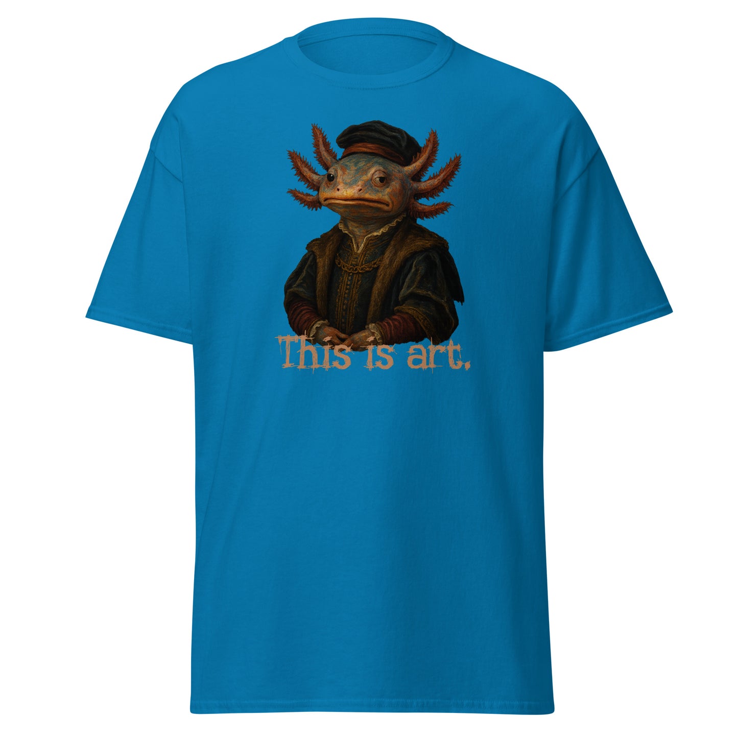 Blue t-shirt with a graphic of a creature and 'This is art.' text on a white background