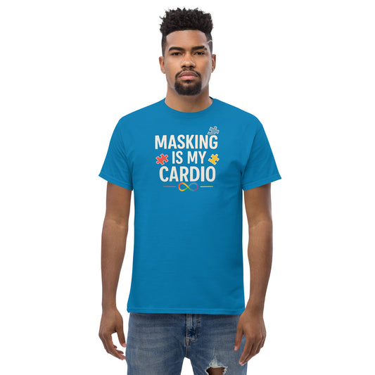 Man wearing a blue t-shirt with 'Masking is my Cardio' text on a white background