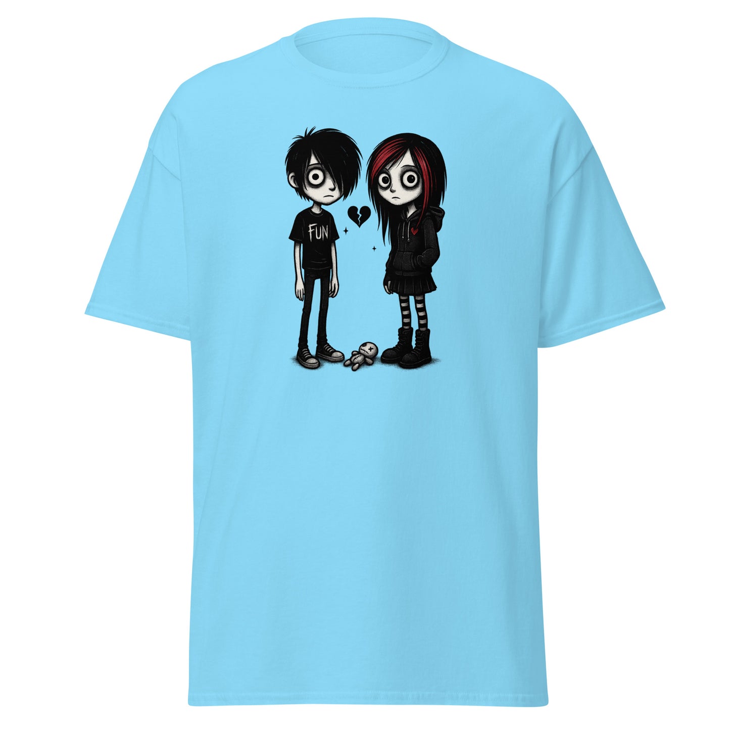 Light blue t-shirt with cartoon characters and a heart design on a white background