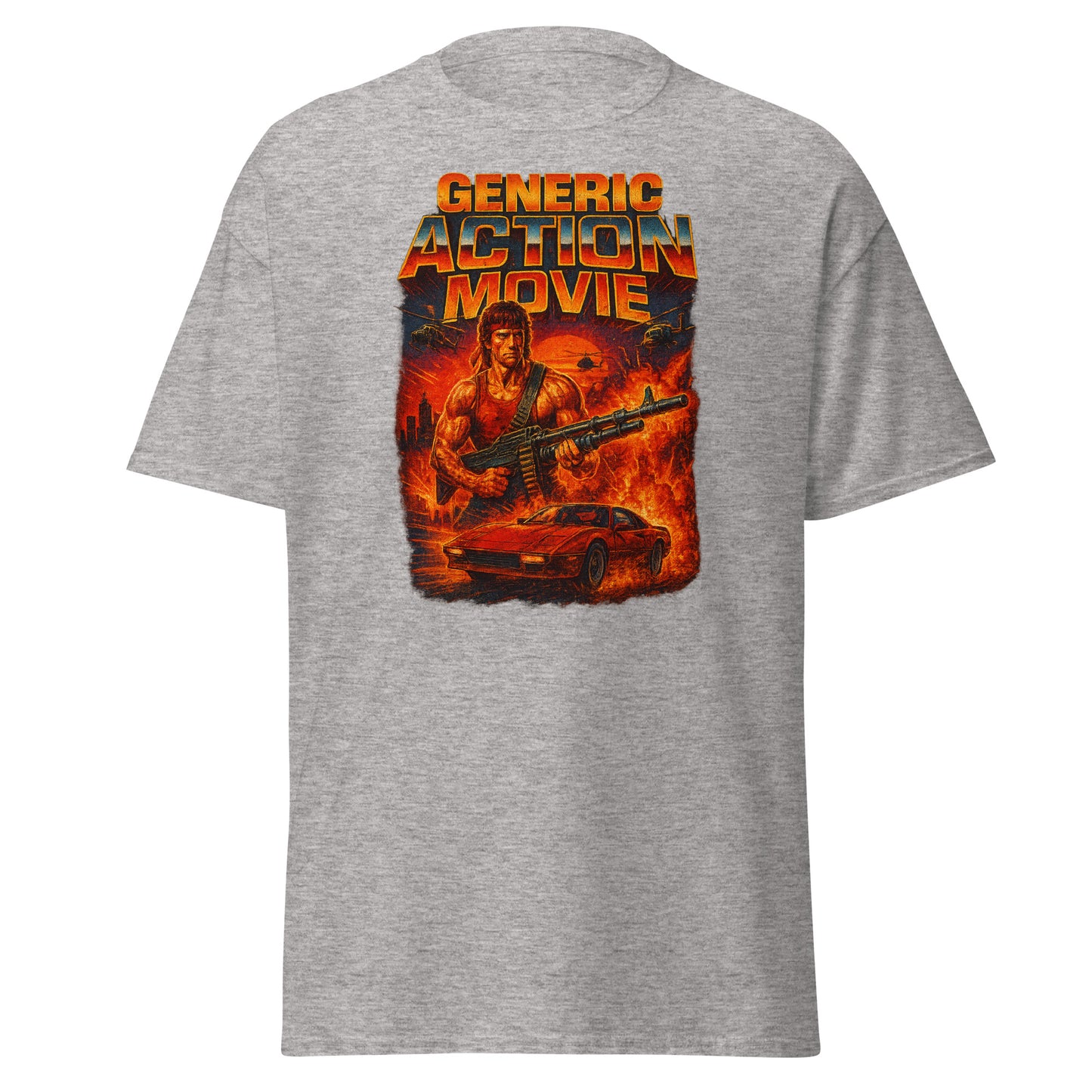 Gray t-shirt with a graphic design of a character holding a gun and a car, labeled 'Generic Action Movie', on a white background.