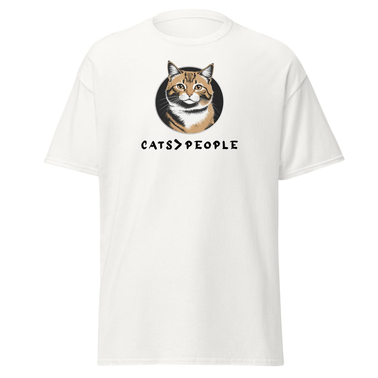 White t-shirt with a cat graphic and 'CATS > PEOPLE' text on a white background