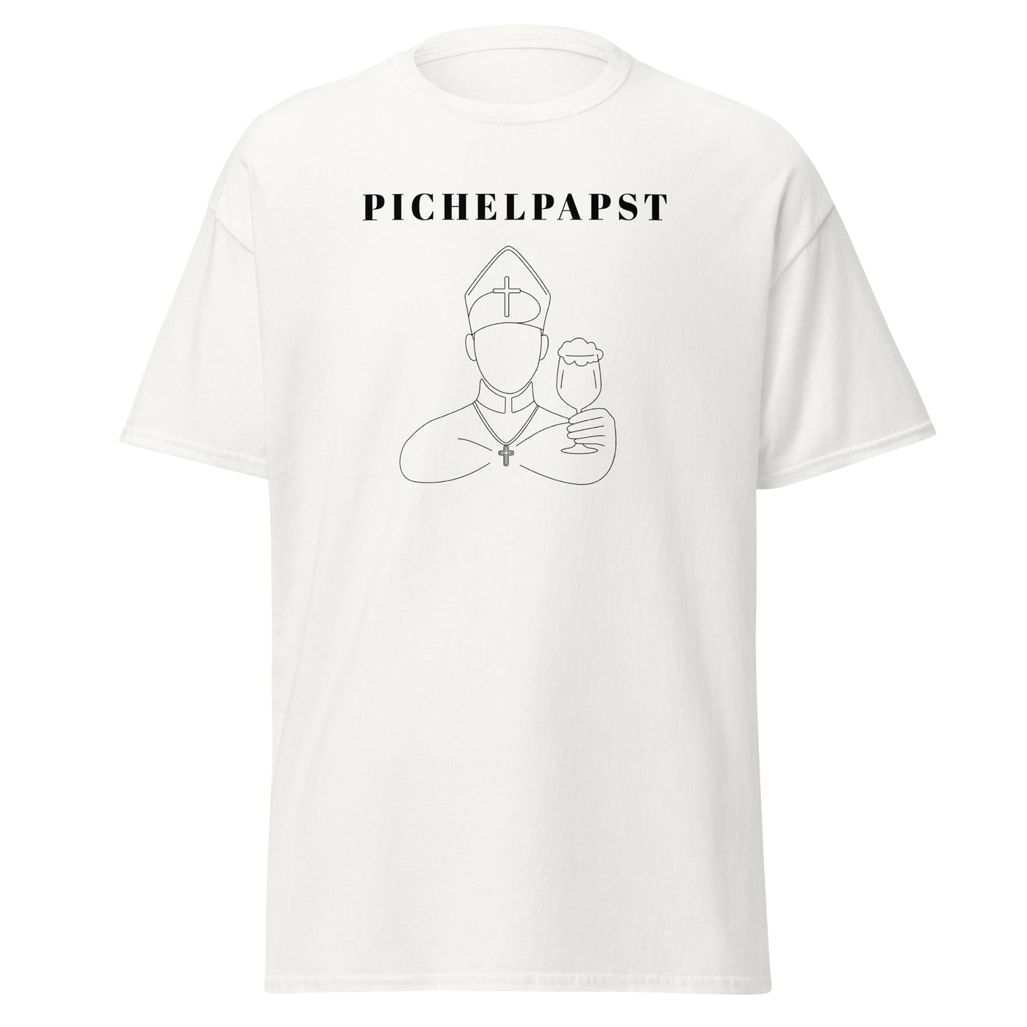 White t-shirt with black graphic and text 'PICHELPAPST' on a white background