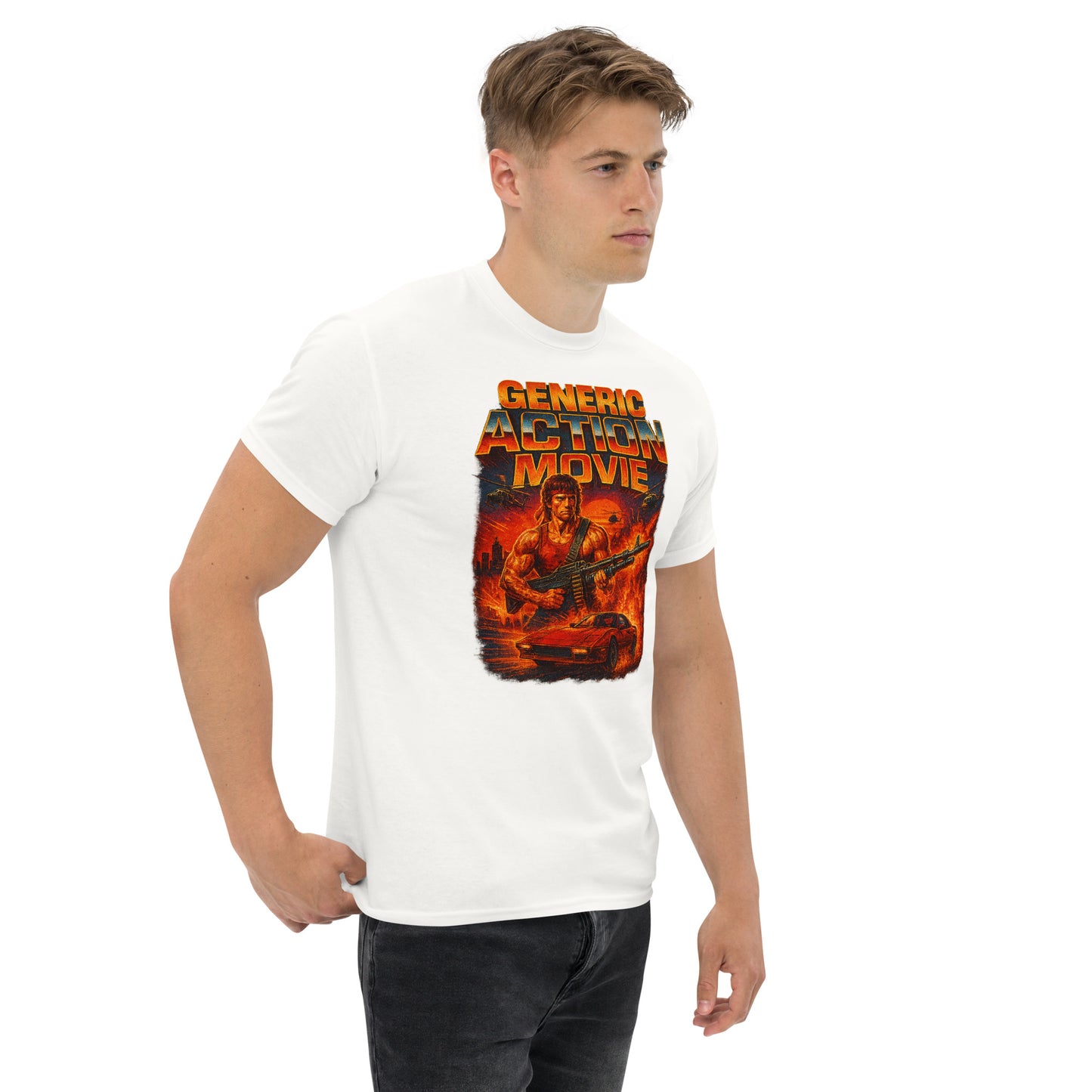 Man wearing a white t-shirt with a graphic design and text on a white background