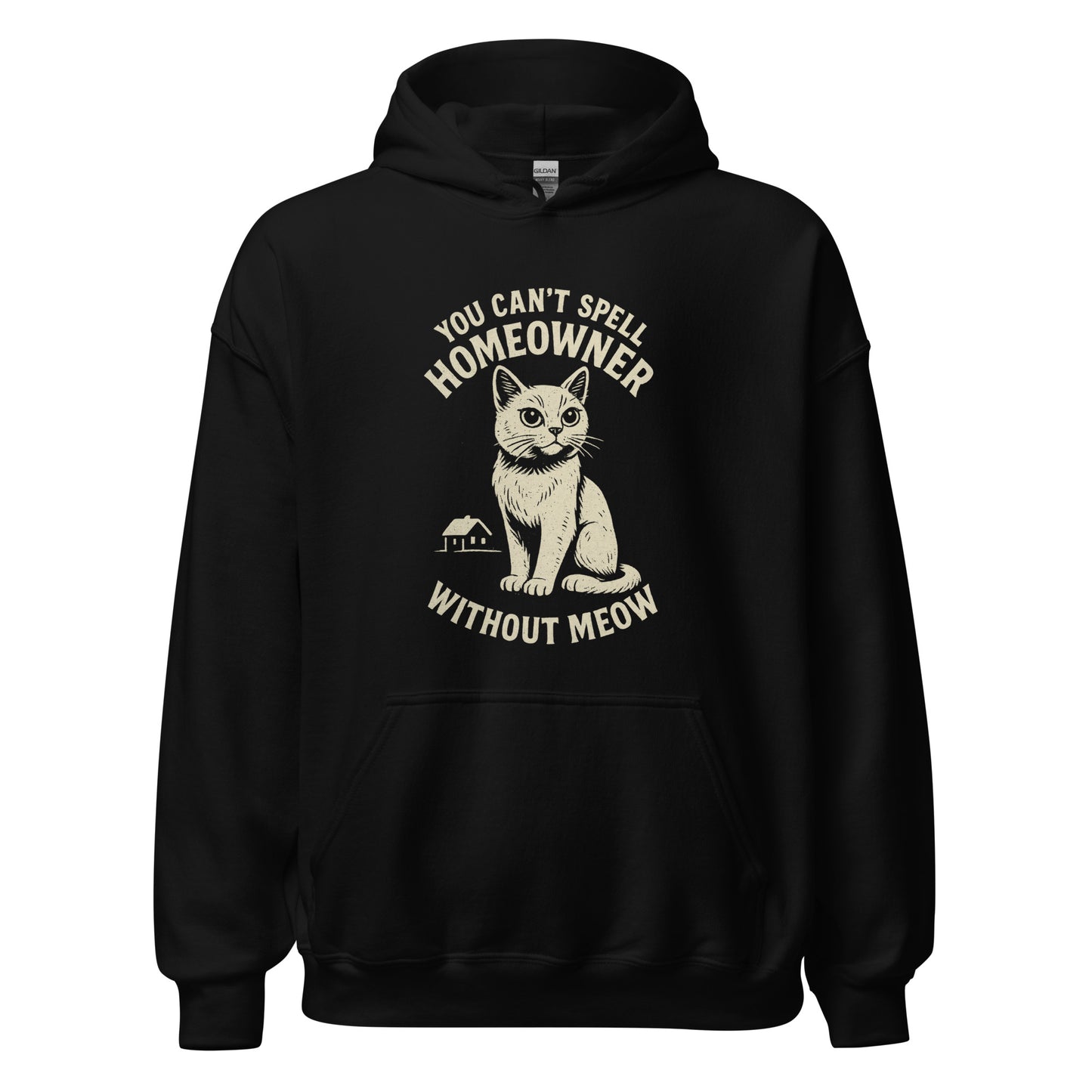 Black hoodie with a cat graphic and text on a white background