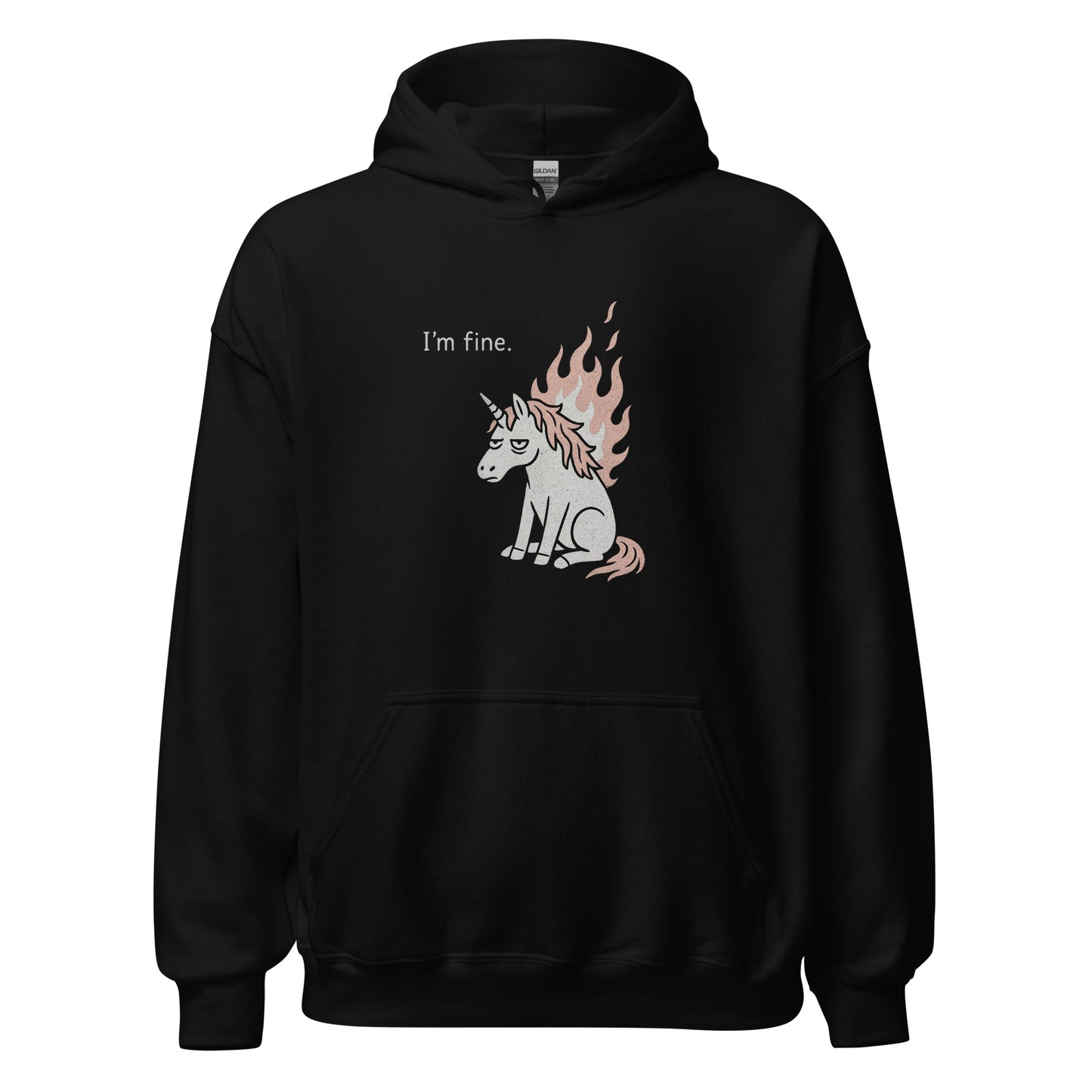 Black hoodie with a unicorn graphic and 'I'm fine.' text on a white background