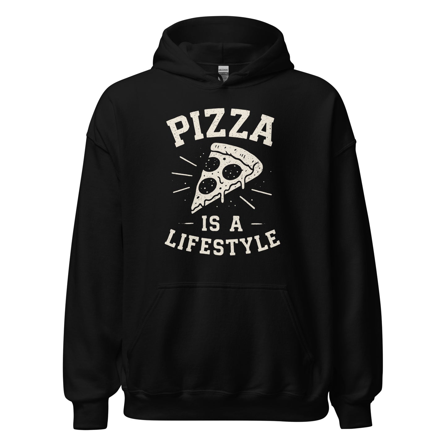 Black hoodie with 'Pizza is a Lifestyle' text and graphic on a white background