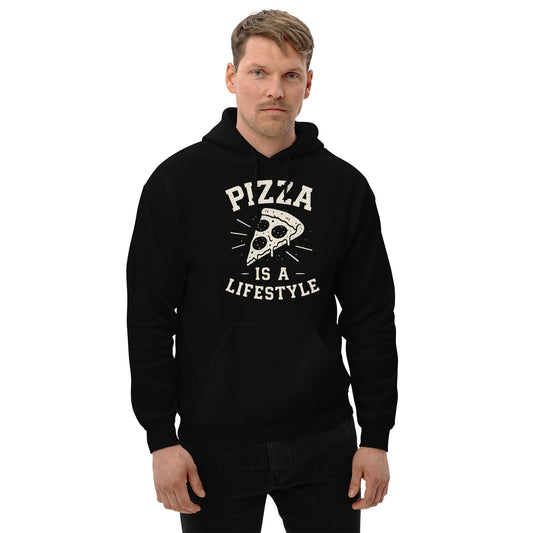 Man wearing a black hoodie with 'Pizza is a Lifestyle' text and pizza slice graphic on a white background