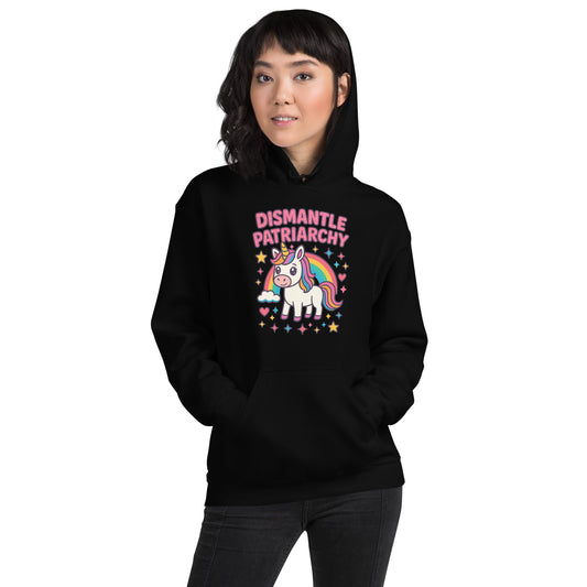 Person wearing a black hoodie with a unicorn graphic and text on a white background