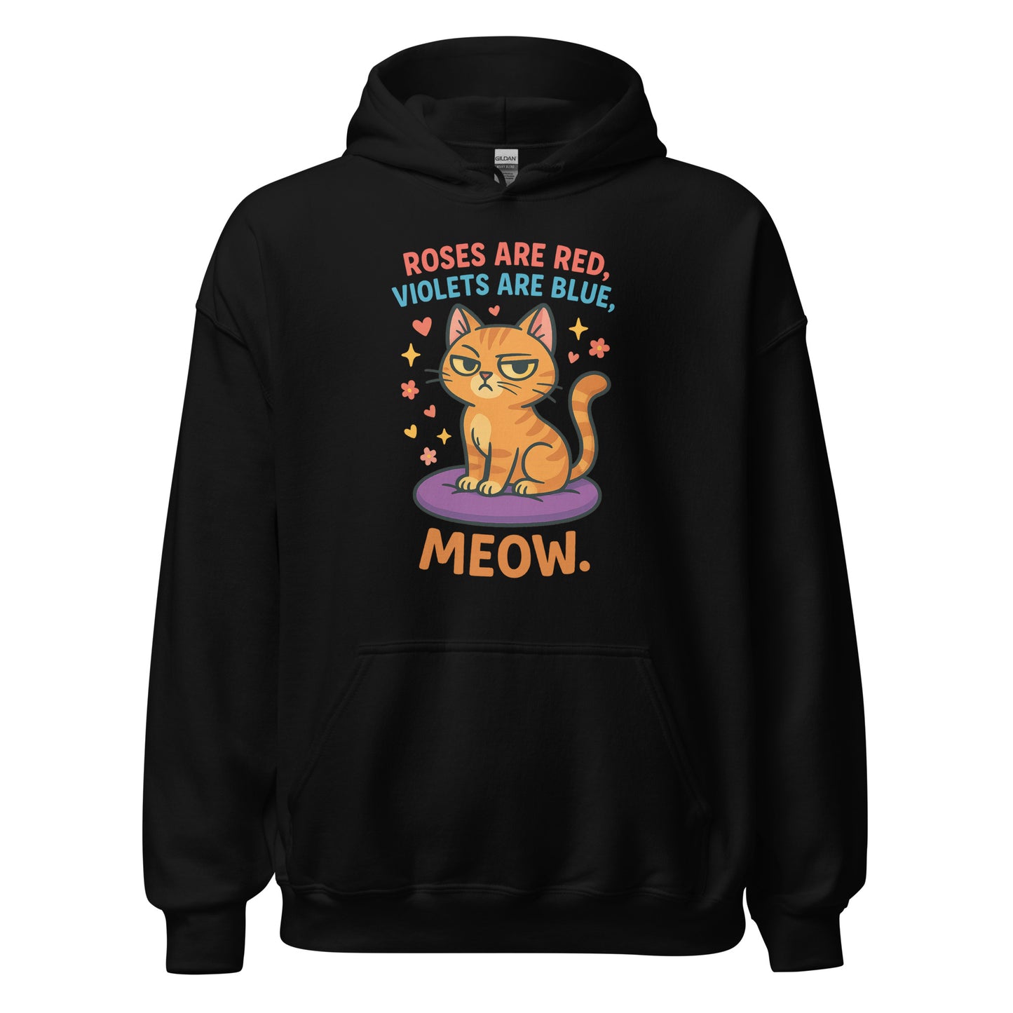 Black hoodie with a cat graphic and text on a white background