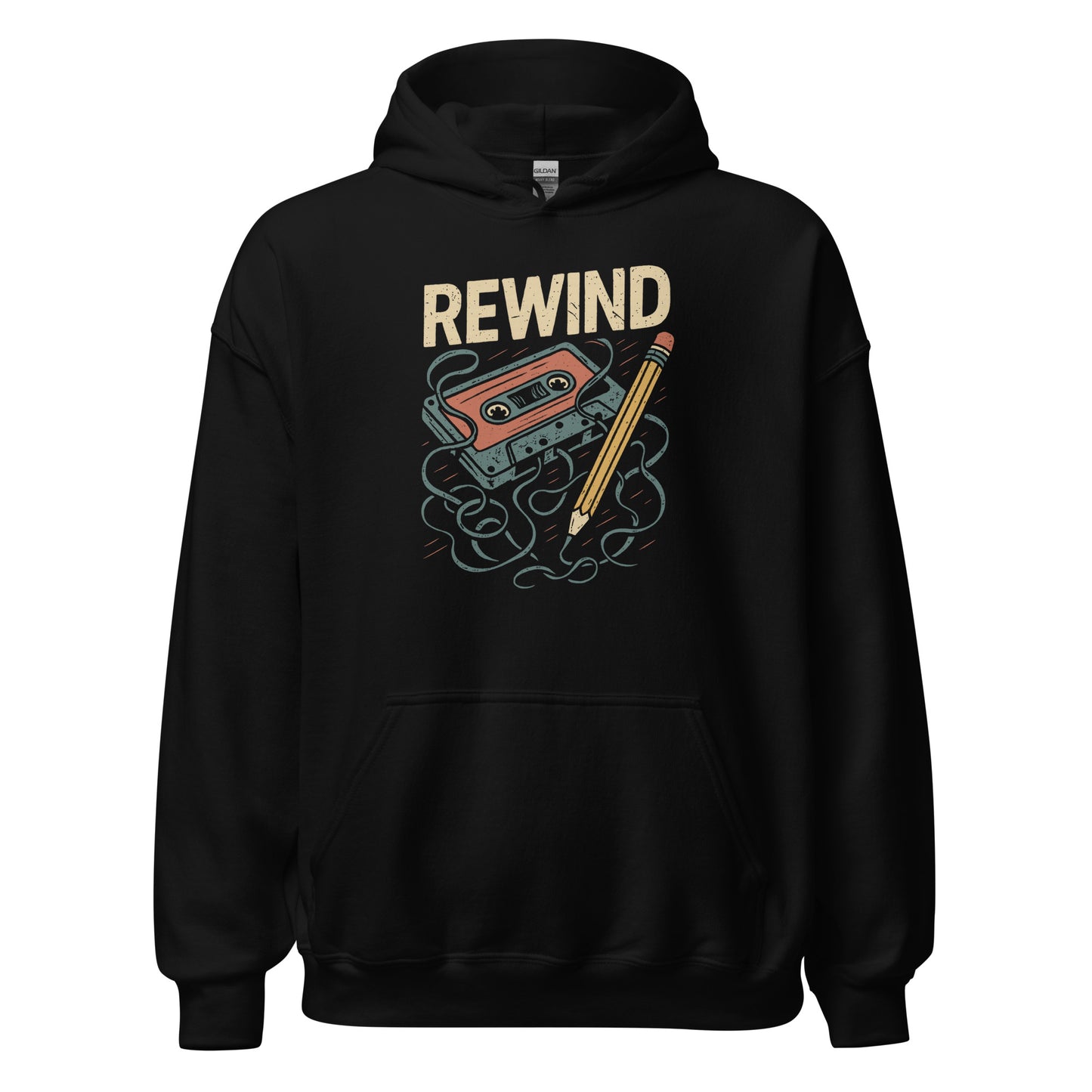 Black hoodie with 'REWIND' design featuring a cassette tape and pencil on a white background