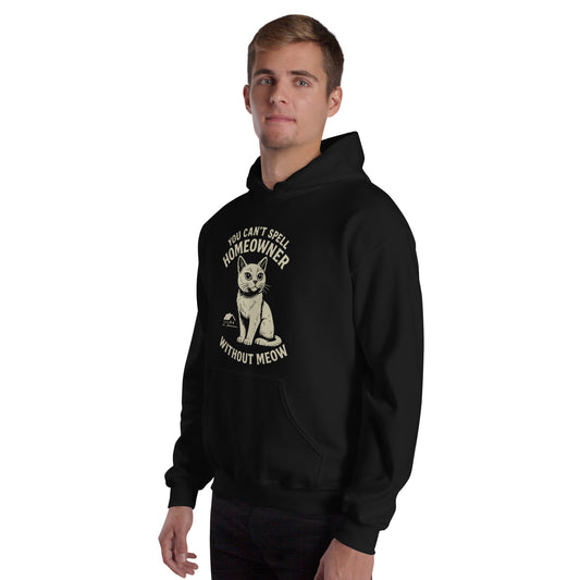 Person wearing a black hoodie with a cat graphic and text on a white background