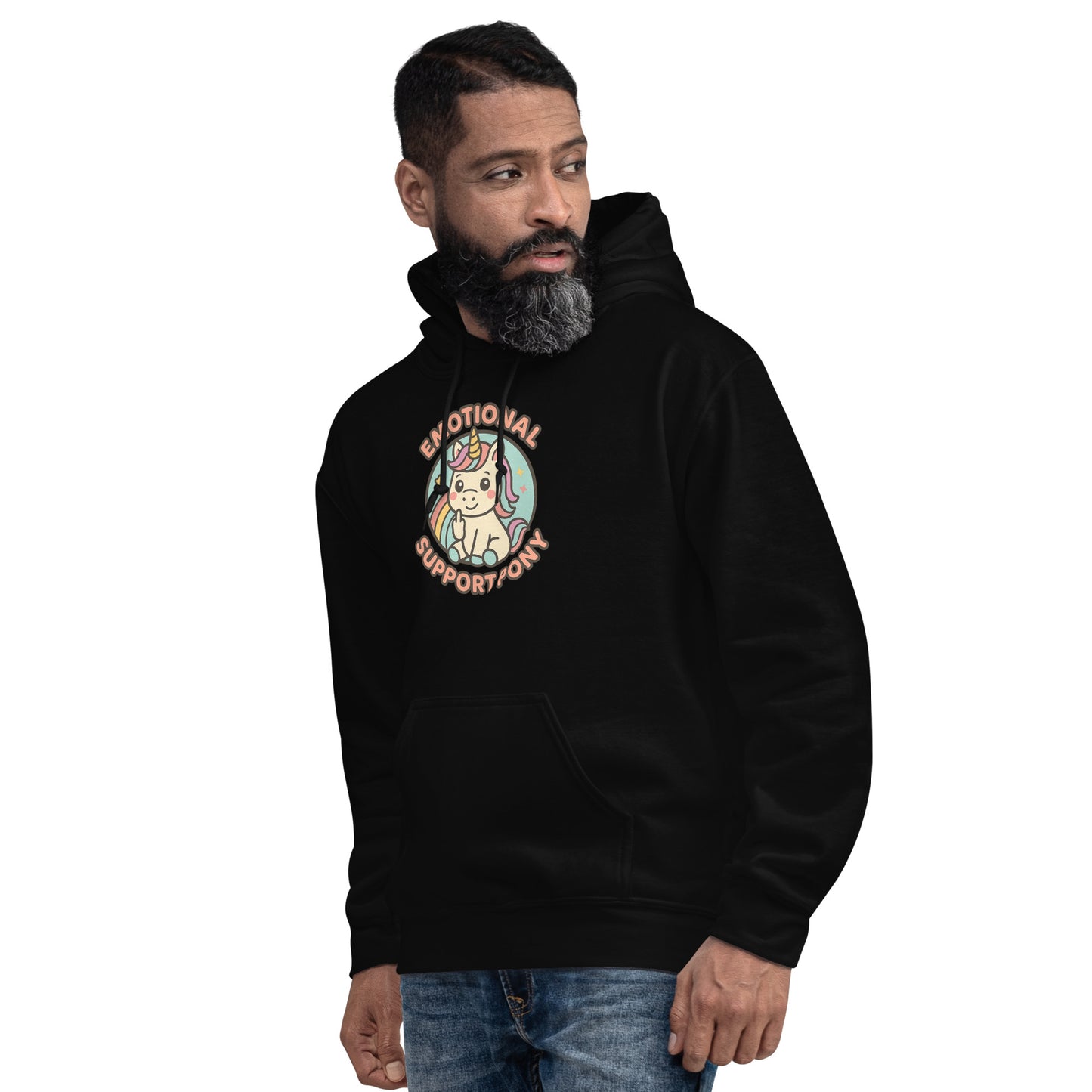 Man wearing a black hoodie with a graphic design on a white background