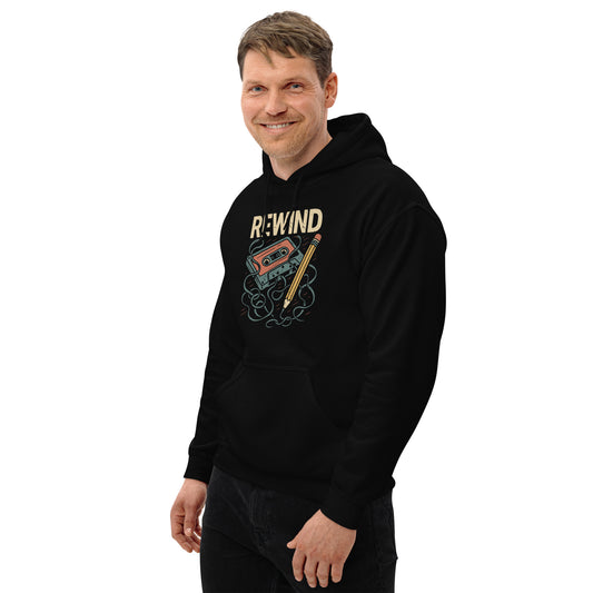 Man wearing a black hoodie with 'REWIND' design on a white background