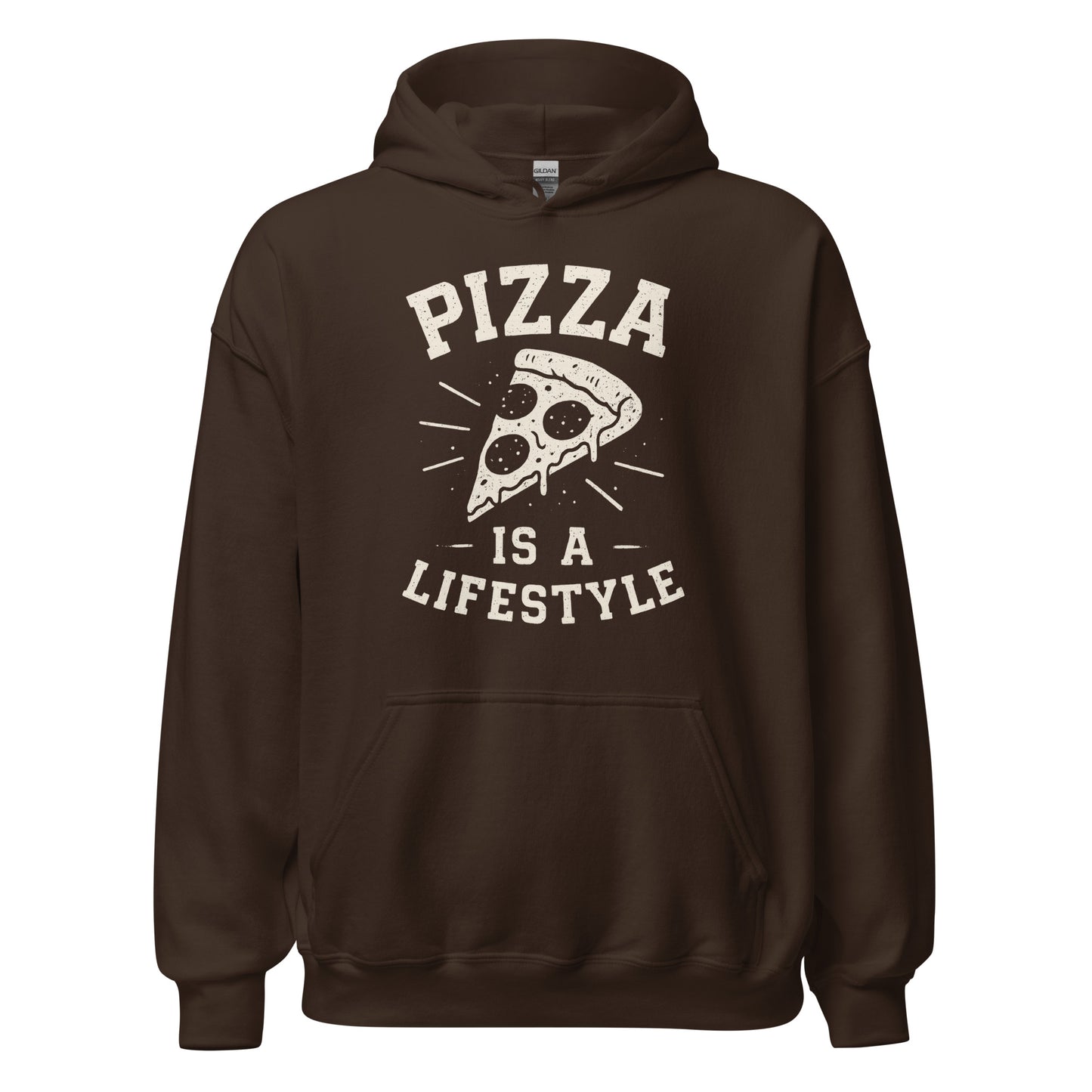 Brown hoodie with 'Pizza is a Lifestyle' text and pizza graphic on a white background